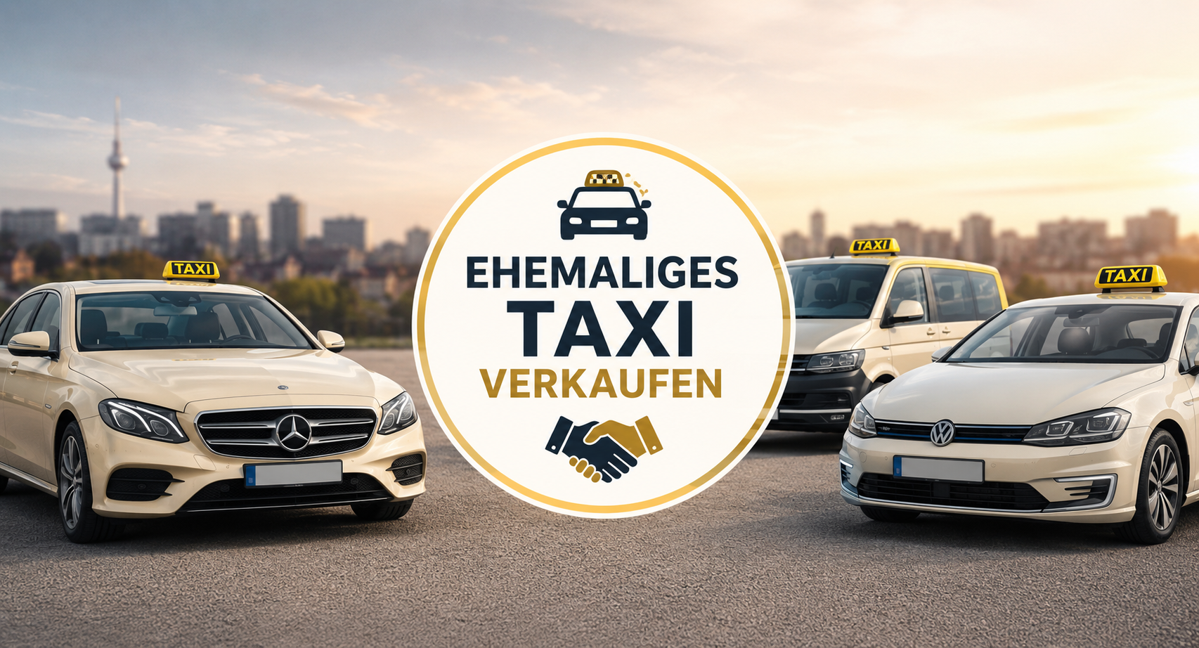 Ehemalige Taxifahrzeuge von Mercedes und VW beim Verkauf – Taxiankauf für Hybrid-, Elektro- und Großraumtaxis 2026.