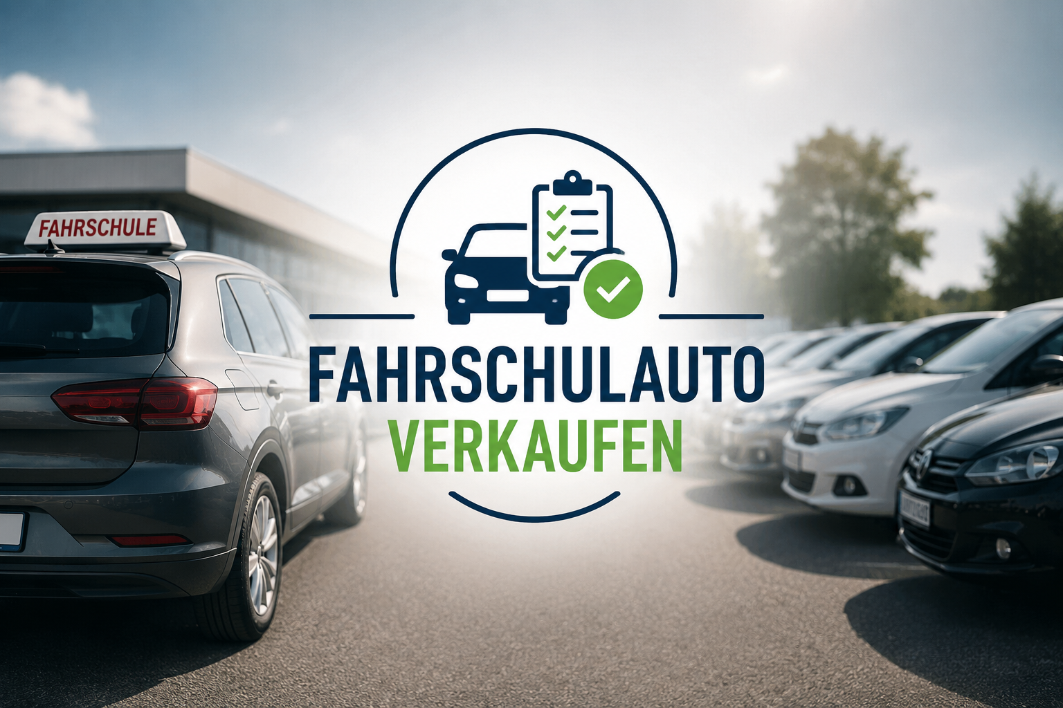 Ehemaliges Fahrschulauto auf einem Parkplatz beim Verkauf mit mehreren Gebrauchtwagen im Hintergrund und Schriftzug „Fahrschulauto verkaufen“ im Querformat.