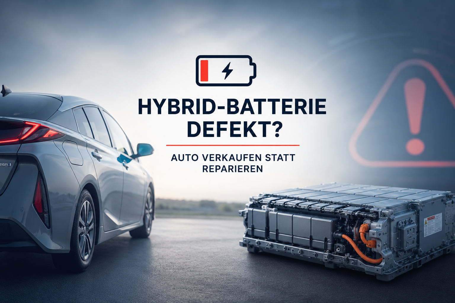 Hybridfahrzeug mit defekter Hochvolt-Batterie und Warnanzeige im Cockpit. Symbolbild zum Thema Hybrid-Batterie defekt. Auto verkaufen statt teure Reparatur durchführen.