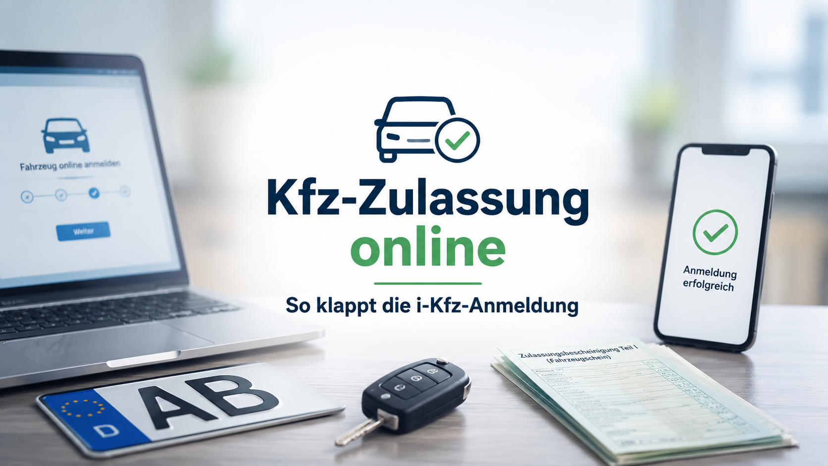 Laptop, Smartphone, Kennzeichen und Fahrzeugpapiere auf einem Schreibtisch. Symbolbild für die digitale Kfz-Zulassung und die Online-i-Kfz-Anmeldung in Deutschland.