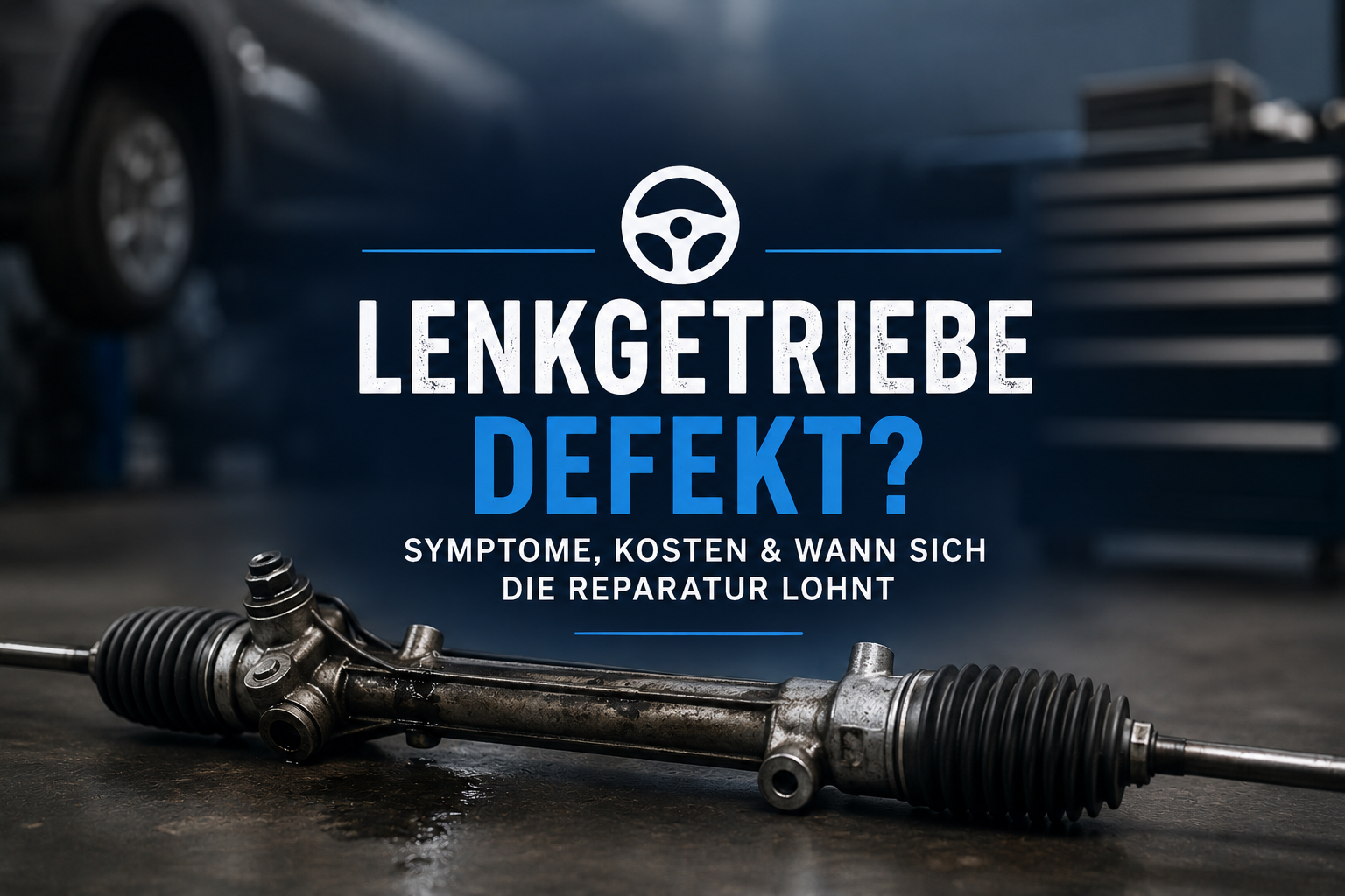 Defektes Lenkgetriebe in einer Kfz-Werkstatt auf dem Boden liegend. Symbolbild zu Symptomen, Reparaturkosten und der Frage, wann sich die Reparatur eines Lenkgetriebes noch lohnt.