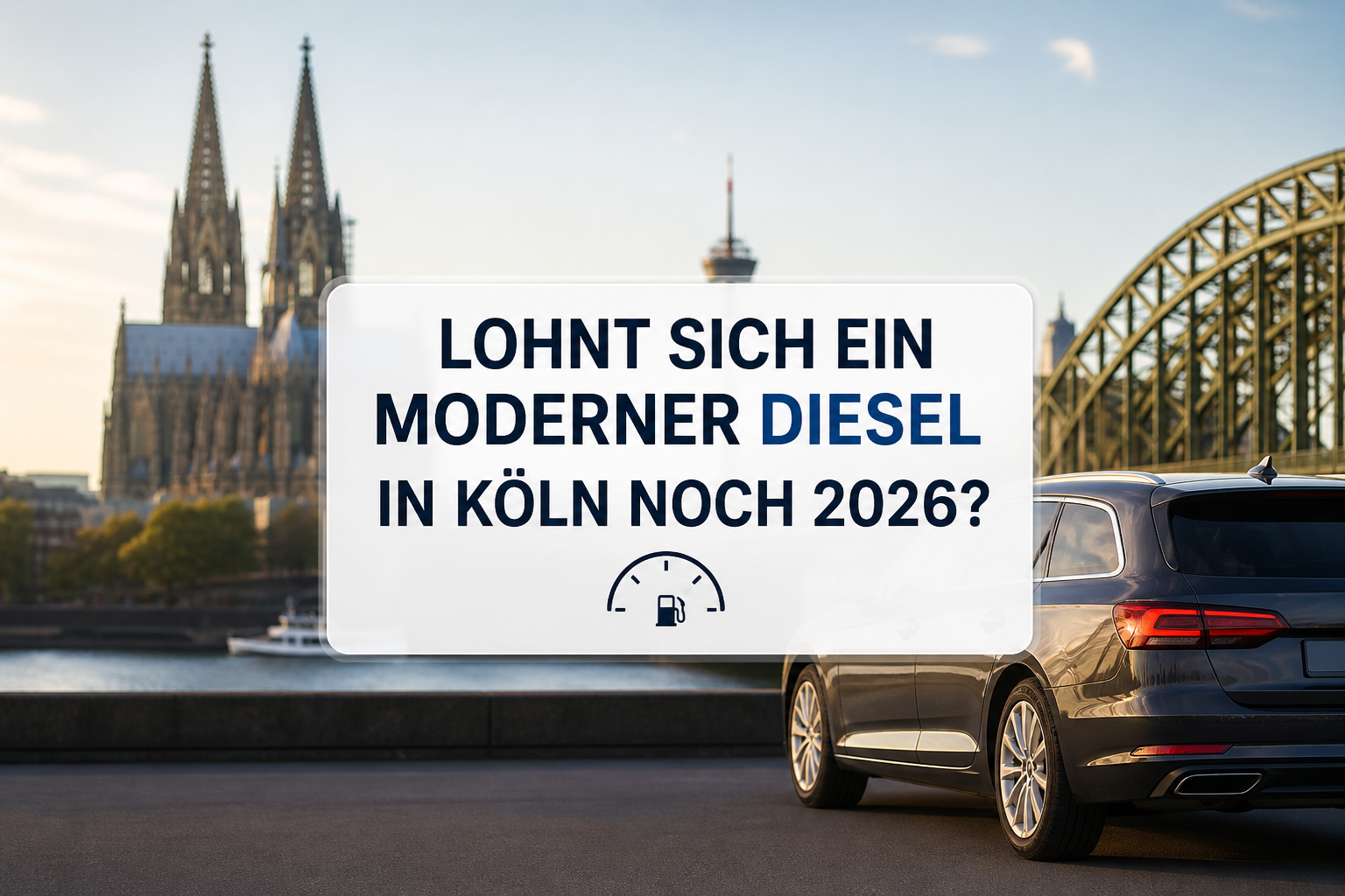 Moderner Diesel vor dem Kölner Dom mit Hinweis auf Dieselkosten und Dieselautos in Köln 2026.