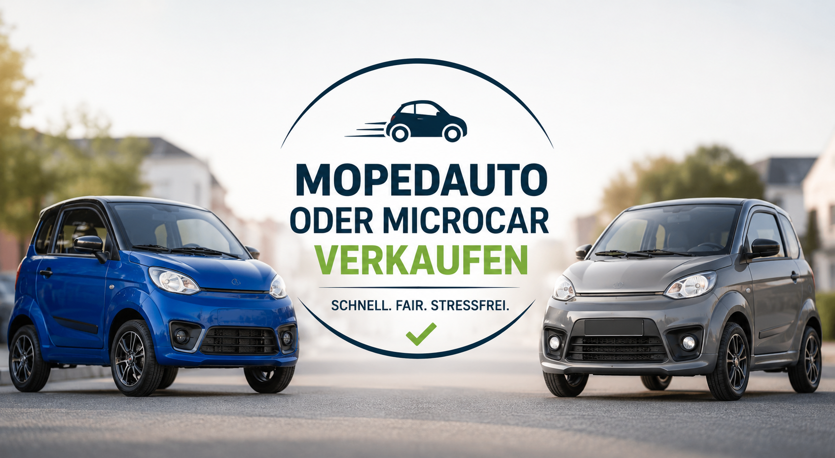 Zwei moderne Mopedautos bzw. Microcars beim Verkauf. Symbolbild für schnellen und stressfreien Ankauf auch mit Defekt.
