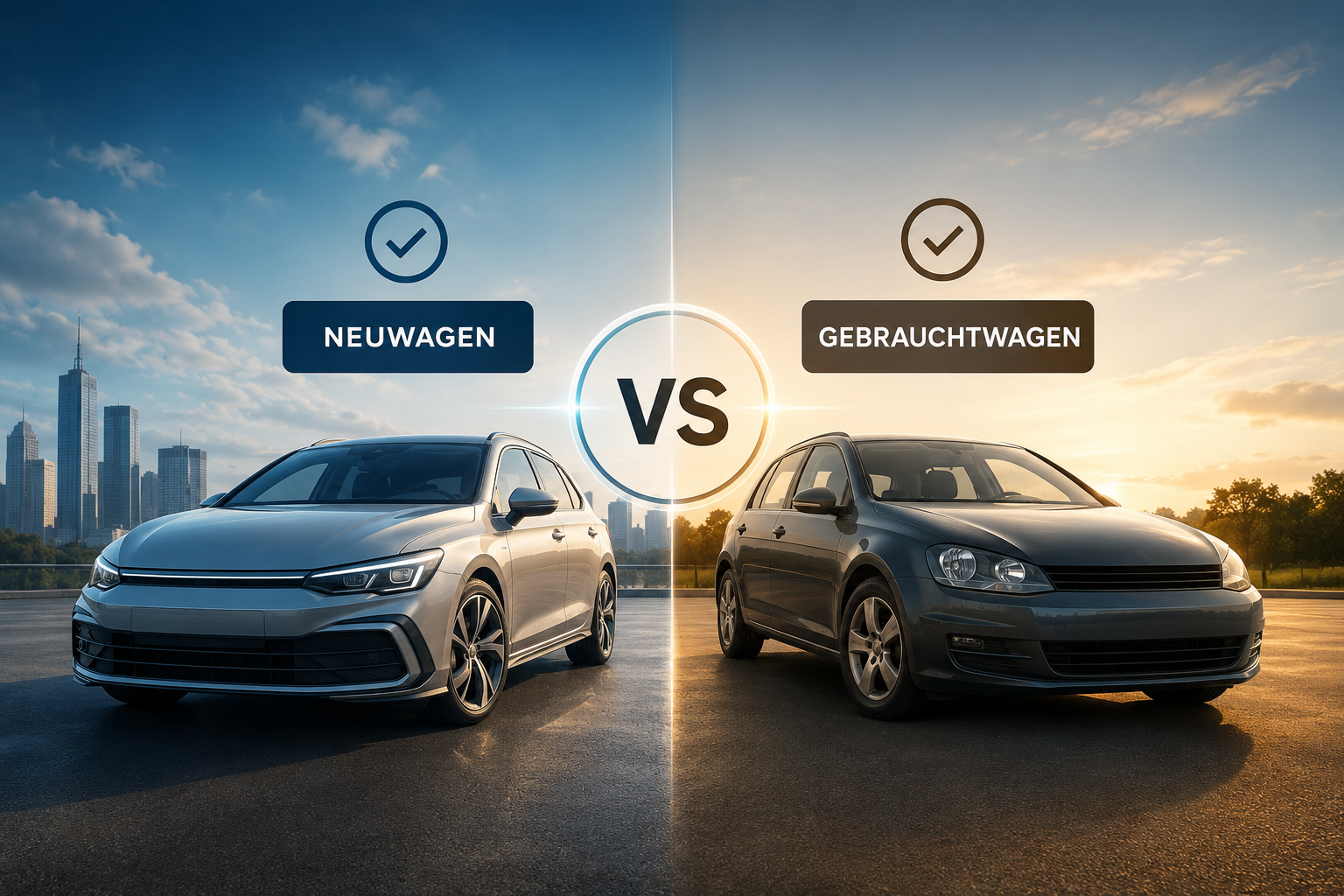 Vergleich zwischen Neuwagen und Gebrauchtwagen im Jahr 2026 mit zwei Fahrzeugen im Querformat und zentralem Vergleichsdesign.