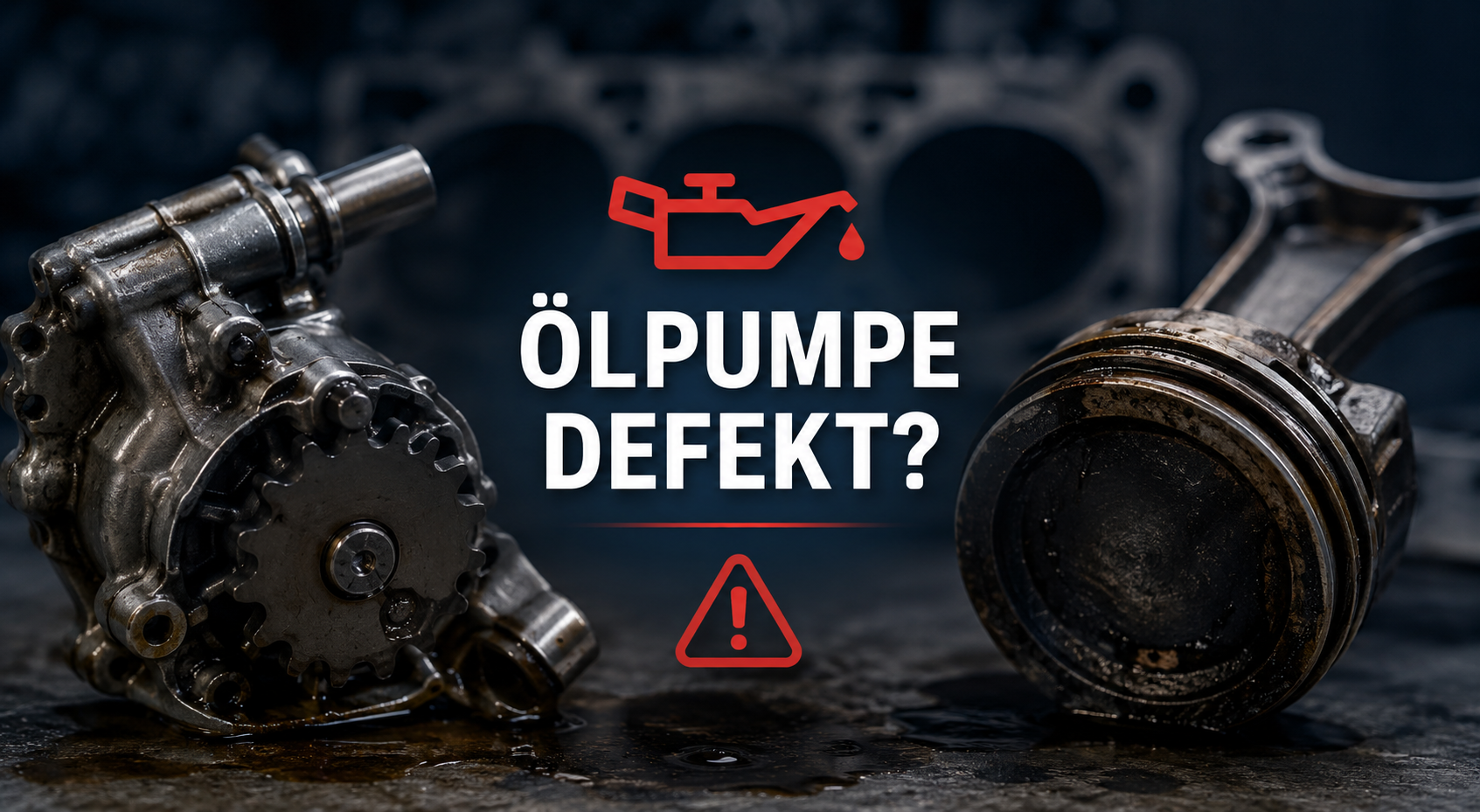 Defekte Ölpumpe und beschädigter Kolben als Symbol für drohenden Motorschaden bei einem Auto-Motor.