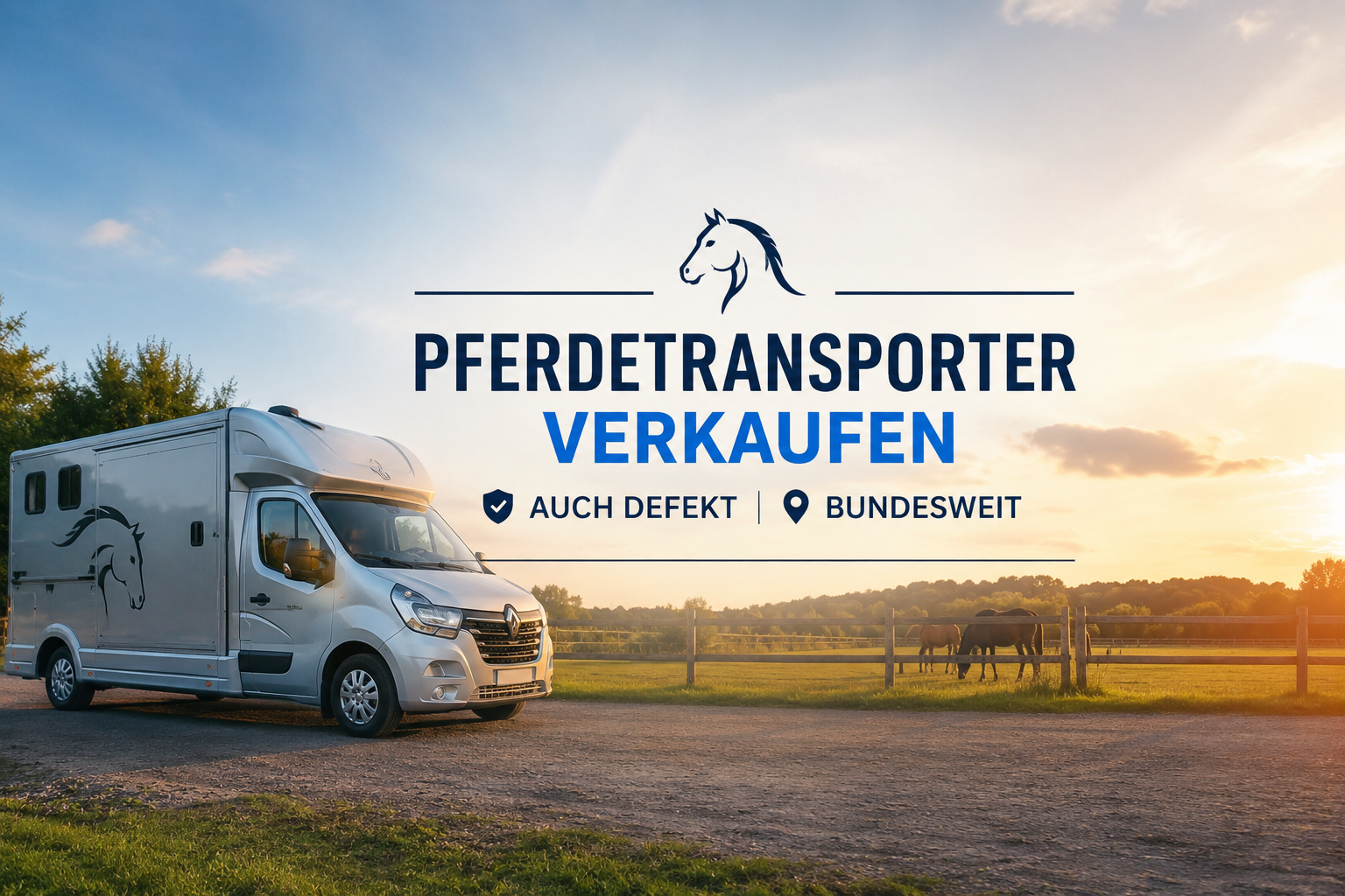 Moderner Pferdetransporter auf ländlicher Straße vor Pferdekoppel bei Sonnenuntergang. Werbebild für den bundesweiten Ankauf von Pferdetransportern, auch mit Defekten oder ohne TÜV.
