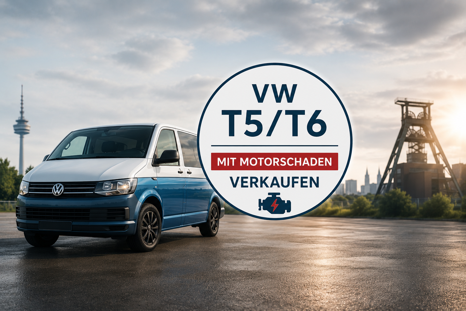 VW T5 beziehungsweise VW T6 mit Motorschaden vor industrieller Kulisse in Dortmund im Querformat mit zentralem Verkaufshinweis.