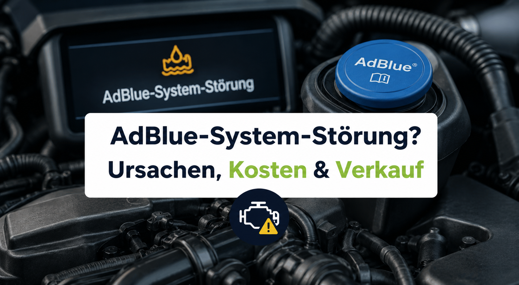 Dieselmotor mit AdBlue-Einfüllstutzen und Warnmeldung zur AdBlue-System-Störung – Symbolbild zu Ursachen, Reparaturkosten und Fahrzeugverkauf bei Defekt.