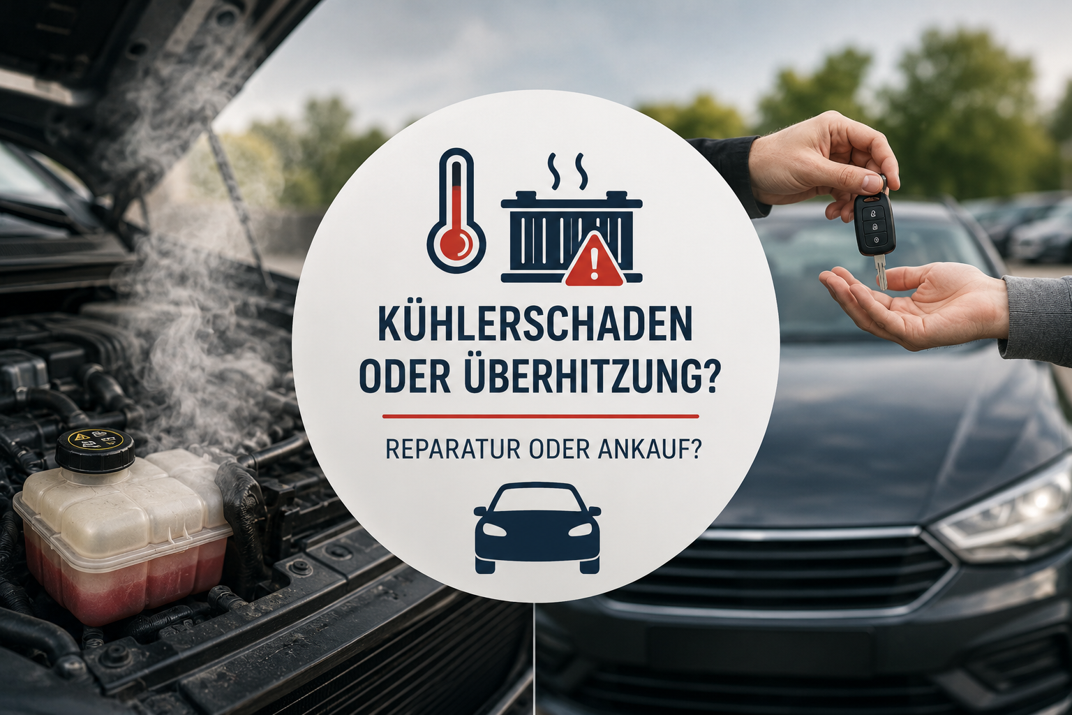 Auto mit geöffnetem Motorraum und sichtbarer Überhitzung sowie Fahrzeugübergabe mit Autoschlüssel. Titelbild für einen Ratgeber zum Verkauf eines Autos mit Kühlerschaden oder Motorüberhitzung.
