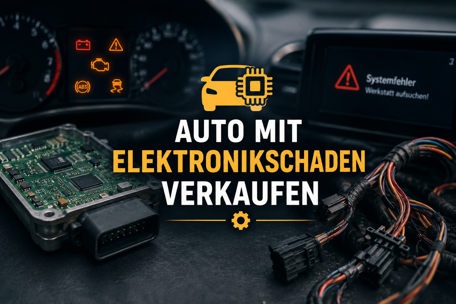 Auto mit Elektronikschaden, Steuergerät und Kabelbaum im Fokus – Symbolbild für den Verkauf eines Fahrzeugs mit Sensor-, Software- oder Elektronikdefekt.