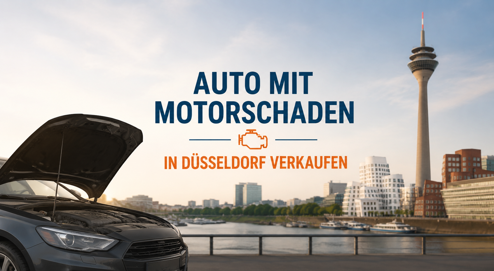 Auto mit geöffnetem Motorraum vor der Düsseldorfer Skyline und dem Rheinturm – Symbolbild für den Verkauf eines Fahrzeugs mit Motorschaden in Düsseldorf.