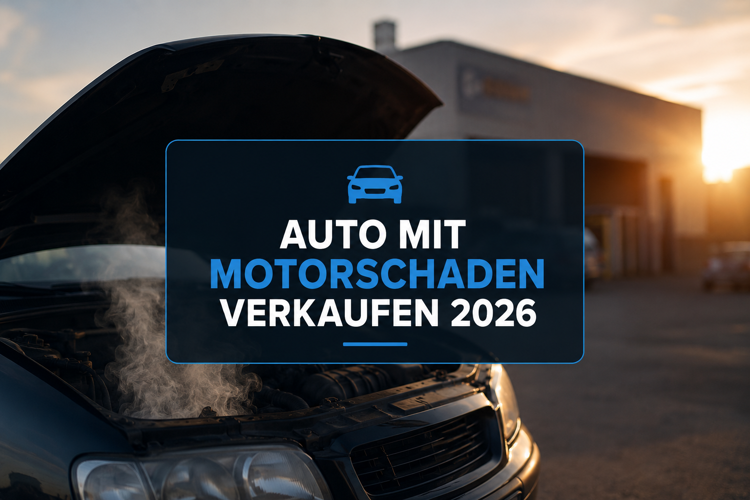 Auto mit geöffnetem Motorraum und sichtbarem Motorschaden, aufsteigender Dampf aus dem Motor, symbolisches Motiv für den Verkauf eines Fahrzeugs mit Motorschaden im Jahr 2026.