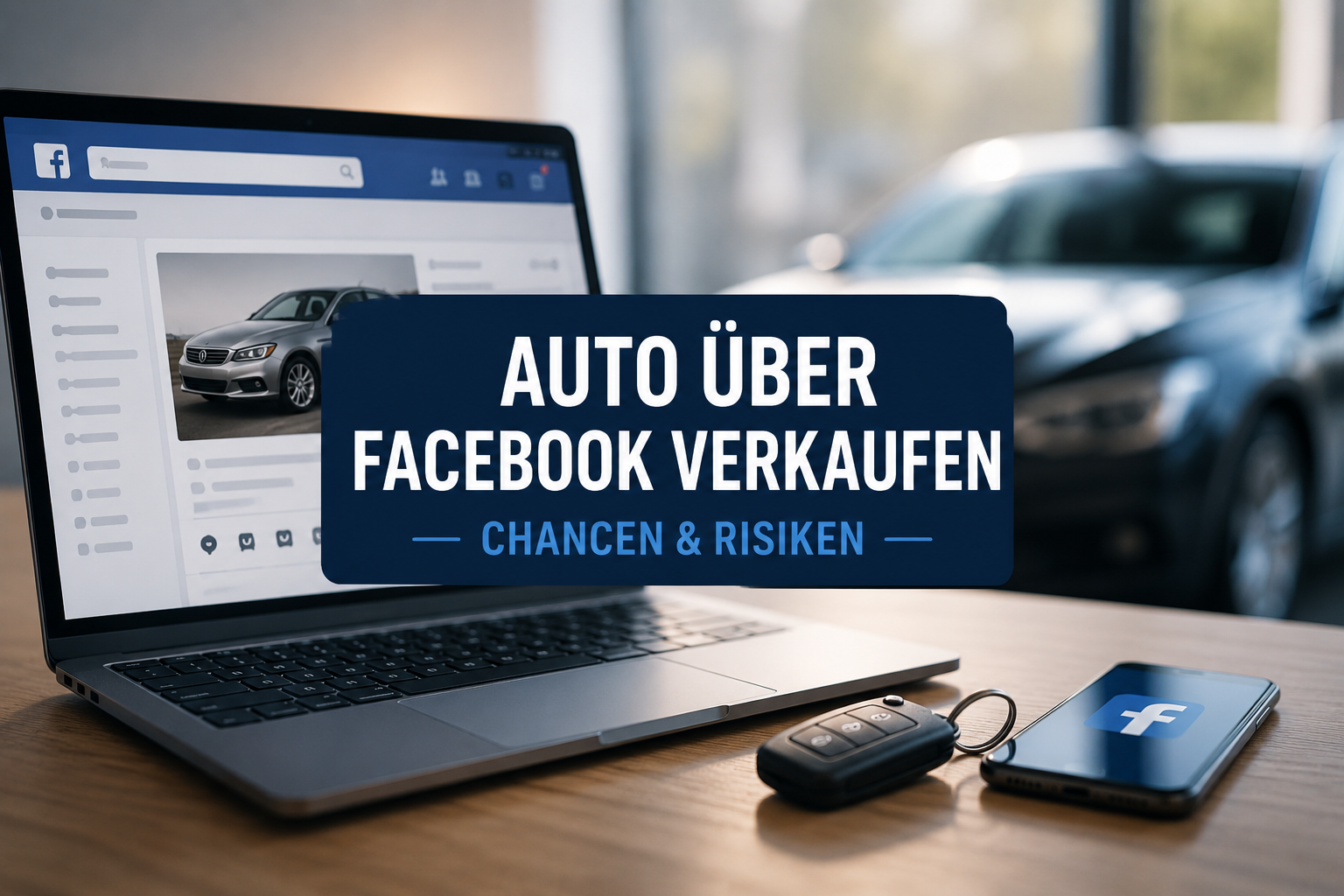 Laptop mit Facebook Marketplace, Autoschlüssel und Smartphone – Symbolbild für den privaten Autoverkauf über Facebook mit Informationen zu Vorteilen, Risiken und Verkaufschancen.