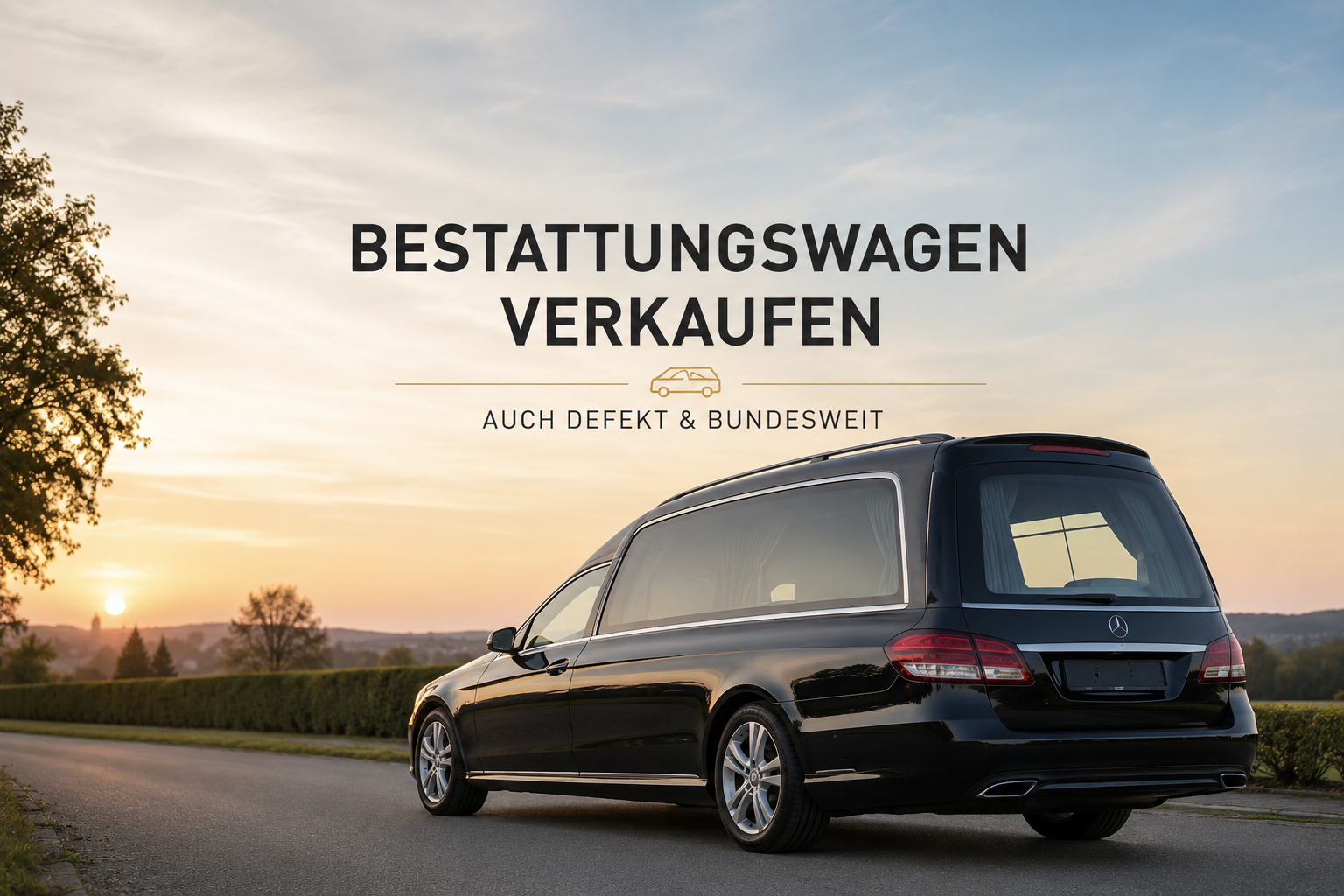 Schwarzer Bestattungswagen auf einer Straße bei Sonnenuntergang – Verkauf von Bestattungsfahrzeugen auch mit Defekt, bundesweiter Ankauf und Abholung.