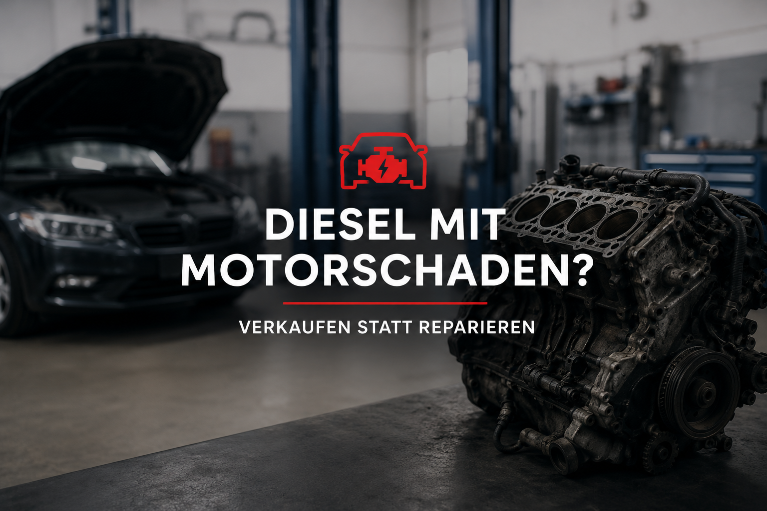 Diesel-Pkw mit geöffnetem Motorraum und ausgebautem Dieselmotor in einer Werkstatt – Symbolbild für den Verkauf eines Diesels mit Motorschaden.