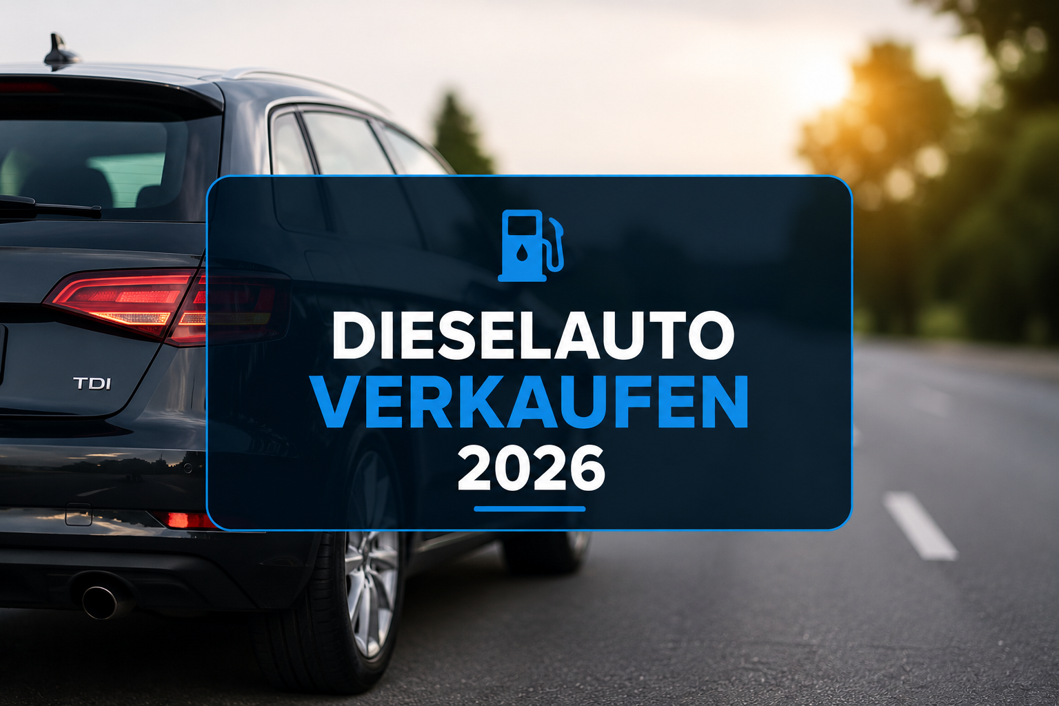 Moderner Diesel-Kombi auf einer Landstraße bei Sonnenuntergang mit Hinweis auf den Verkauf eines Dieselautos im Jahr 2026, symbolisches Motiv für Fahrzeugankauf und Gebrauchtwagenverkauf.