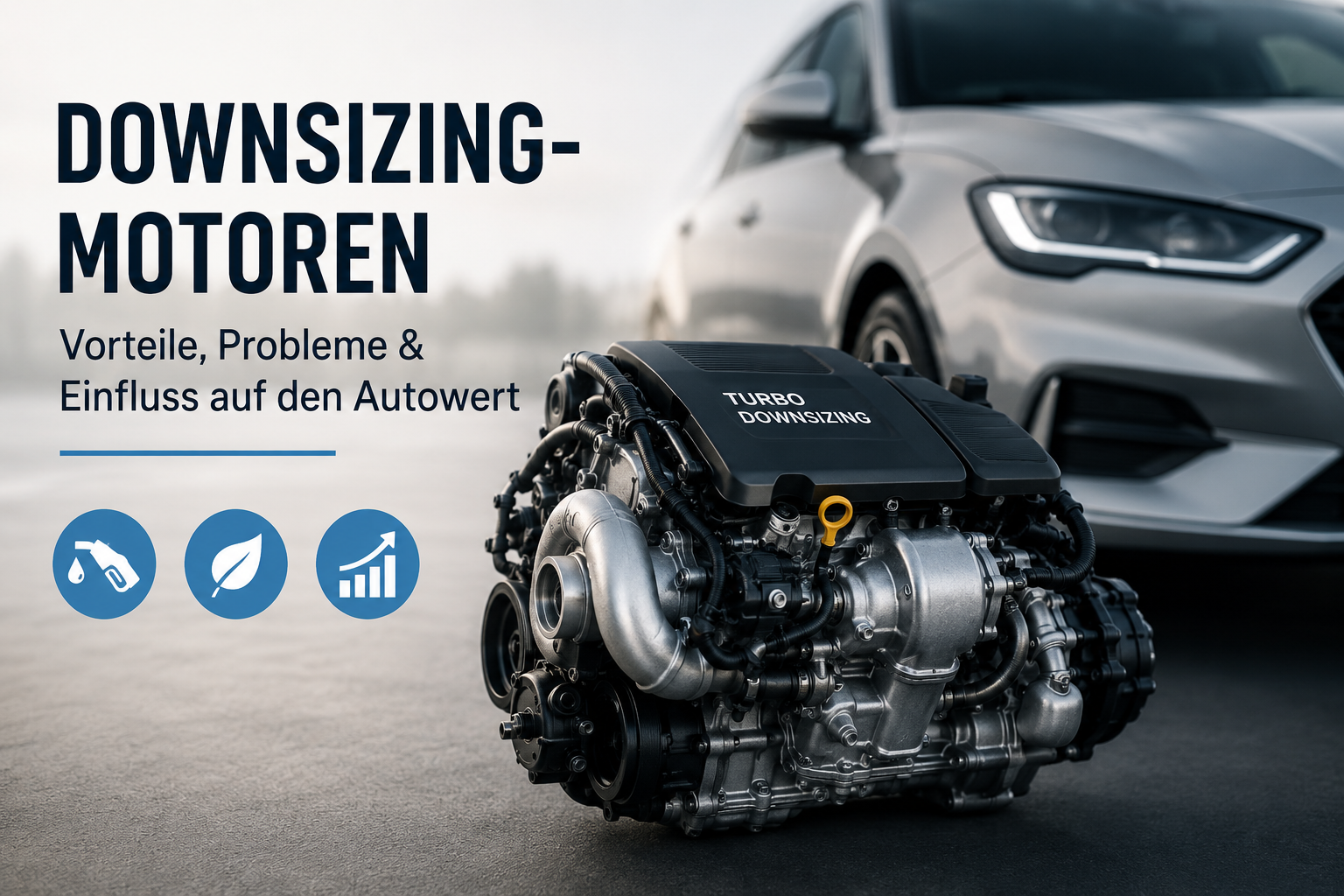 Moderner Downsizing-Turbomotor vor einem aktuellen Pkw. Das Bild veranschaulicht die Vorteile, typischen Probleme und den Einfluss von Downsizing-Motoren auf den Fahrzeugwert und den Autoverkauf.