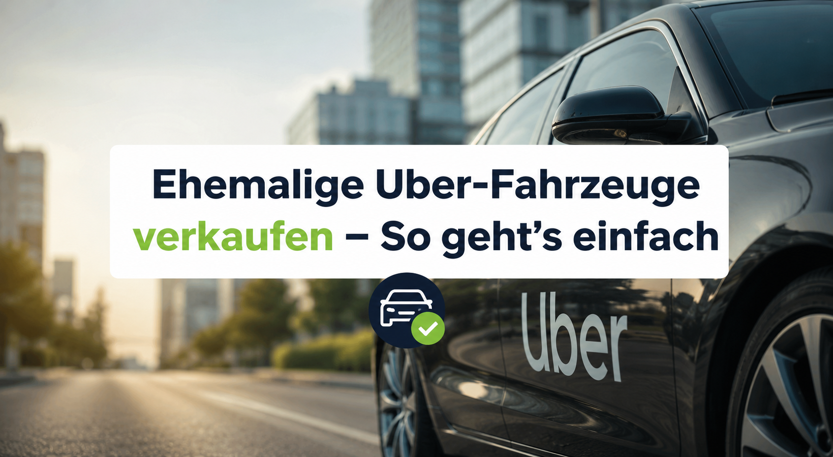 Ehemaliges Uber-Fahrzeug in einer modernen Stadtkulisse mit Hinweis auf den einfachen Verkauf auch bei hoher Laufleistung oder Defekten.