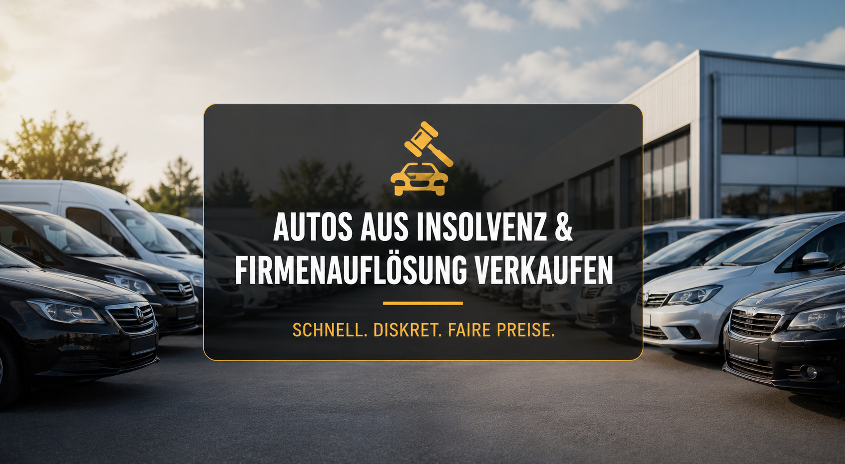 Mehrere Firmenfahrzeuge auf einem Betriebsgelände vor einem Gewerbegebäude. Symbolbild für den Verkauf von Autos aus Insolvenz, Firmenauflösung oder Fuhrparkauflösung an einen professionellen Autoankauf.