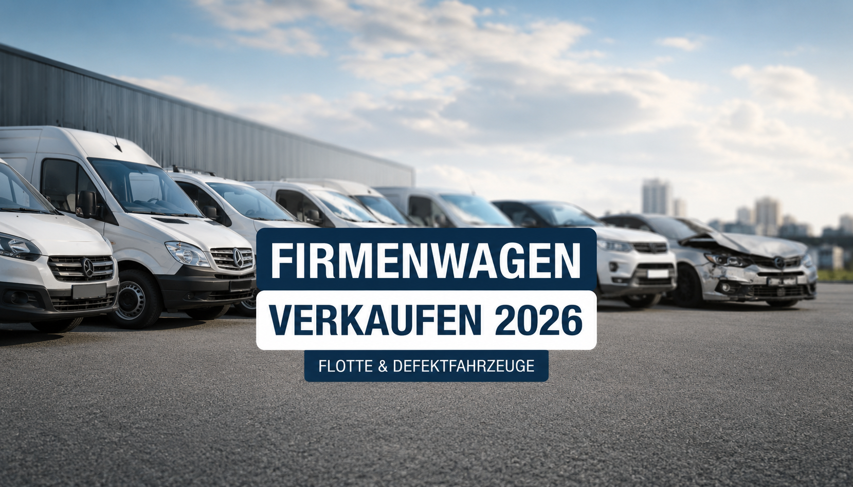 Firmenwagen und Transporter einer Fahrzeugflotte auf einem Betriebsgelände beim Verkauf, darunter auch beschädigte Fahrzeuge mit Unfallschäden. Symbolbild für den Verkauf von Firmenwagen, Fuhrparks und Defektfahrzeugen im Jahr 2026.