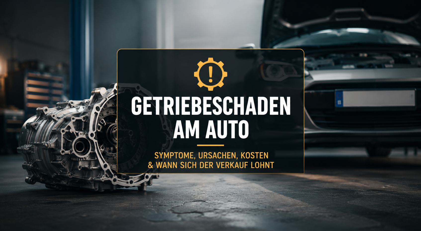 Ausgebautes Autogetriebe vor einem Fahrzeug in einer Werkstatt. Symbolbild für Getriebeschaden am Auto, typische Symptome, Ursachen, Reparaturkosten und die Entscheidung zwischen Reparatur und Verkauf.