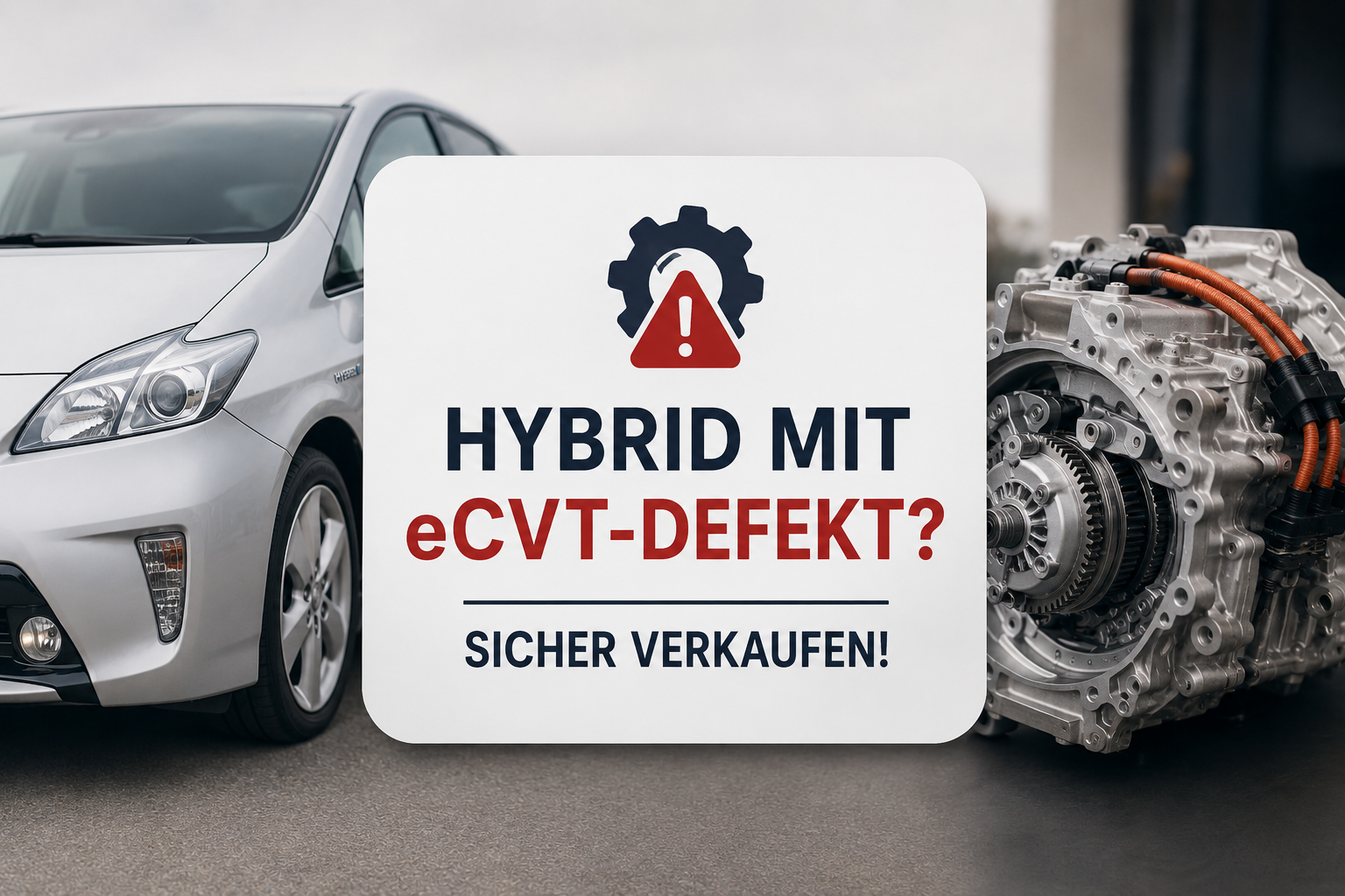 Hybridfahrzeug mit eCVT-Getriebeschaden neben freigelegtem Hybridgetriebe und Warnsymbol. Darstellung zum sicheren Verkauf eines Hybridautos mit Getriebedefekt.