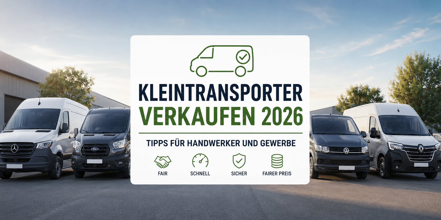 Mehrere moderne Kleintransporter auf einem Betriebsgelände, symbolisch für den Verkauf von Transportern für Handwerker und Gewerbebetriebe im Jahr 2026. Fahrzeuge verschiedener Hersteller stehen nebeneinander vor einer Lagerhalle.