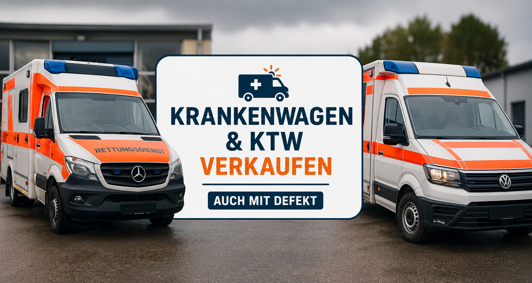 Zwei ehemalige Krankenwagen bzw. Krankentransportwagen vor einem Betriebsgelände mit Hinweis auf den Ankauf von KTW, Rettungswagen und defekten Einsatzfahrzeugen.
