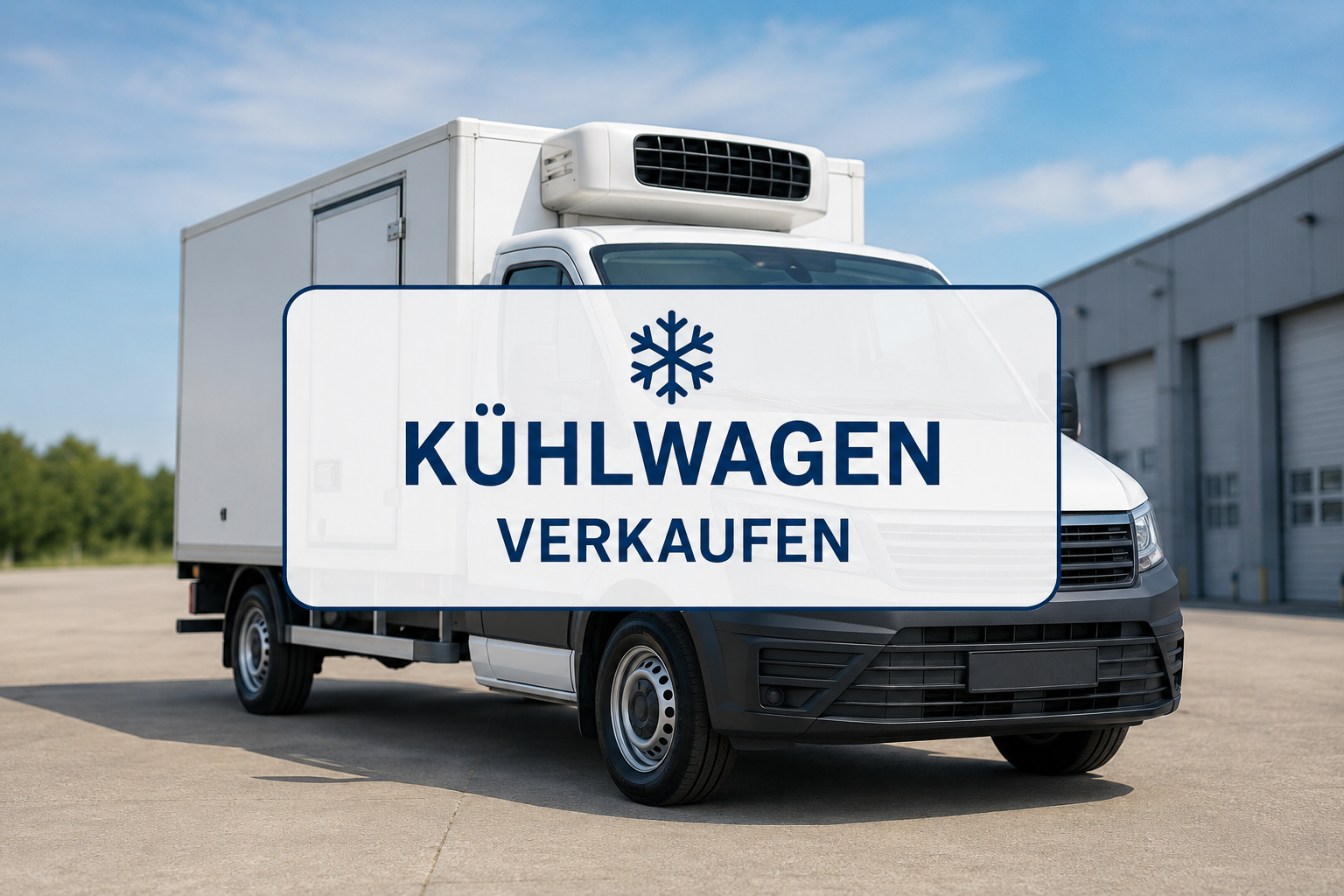 Weißer Kühlwagen mit Kühlaggregat vor einem Gewerbegebäude. Symbolbild für den Verkauf von Kühlfahrzeugen, Kühltransportern und defekten Kühlwagen mit Wertermittlung und Ankaufservice.
