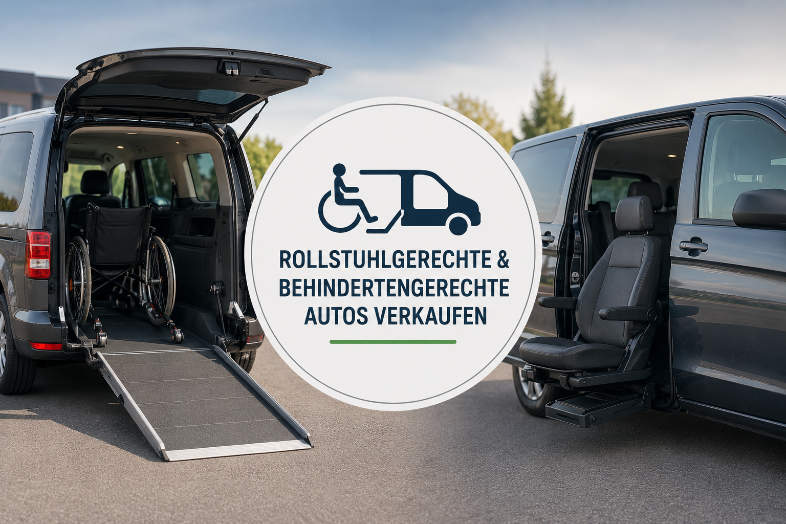 Rollstuhlgerechtes Fahrzeug mit Auffahrrampe und Rollstuhl sowie behindertengerechtes Auto mit Schwenksitz. Titelbild für einen Ratgeber zum Verkauf umgebauter Fahrzeuge.