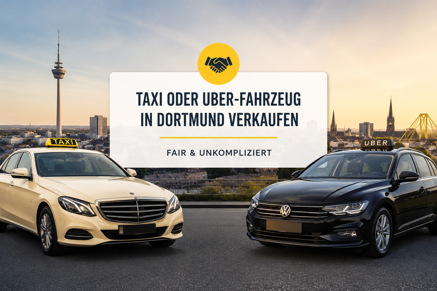 Taxi und Uber-Fahrzeug vor Dortmunder Stadtkulisse. Symbolbild für den schnellen und unkomplizierten Verkauf von Taxi-, Mietwagen- und Uber-Fahrzeugen in Dortmund.