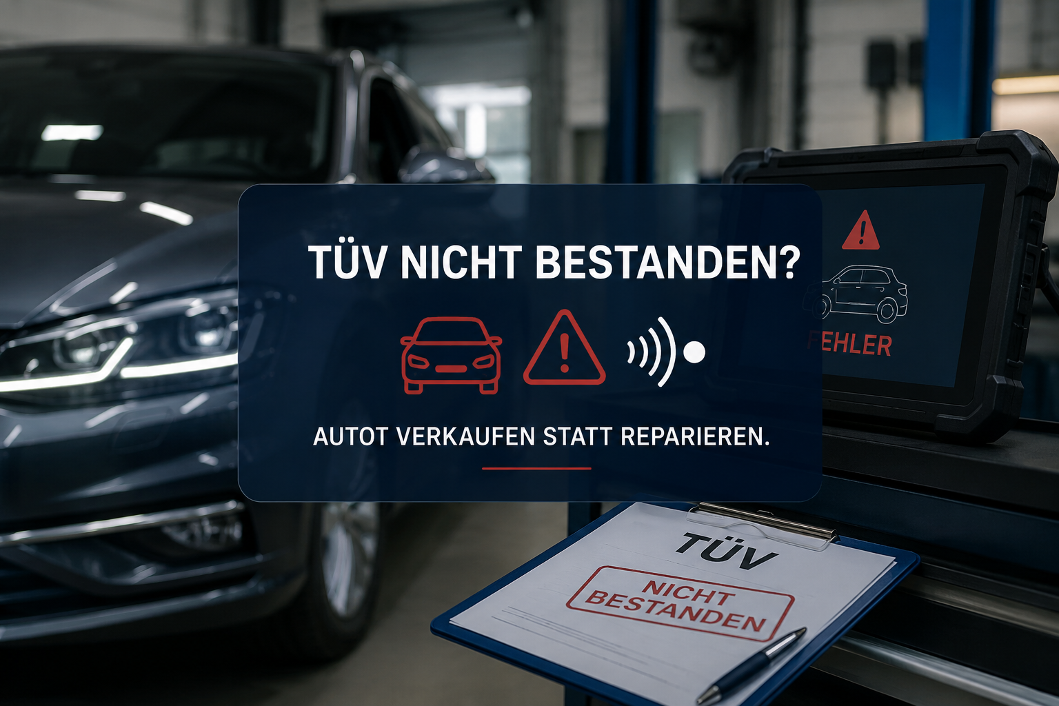 Modernes Auto in einer Werkstatt mit Diagnosegerät und TÜV-Bericht. Darstellung eines nicht bestandenen TÜV aufgrund von Elektronik- und Assistenzsystemfehlern sowie der Möglichkeit, das Fahrzeug in Bonn zu verkaufen.