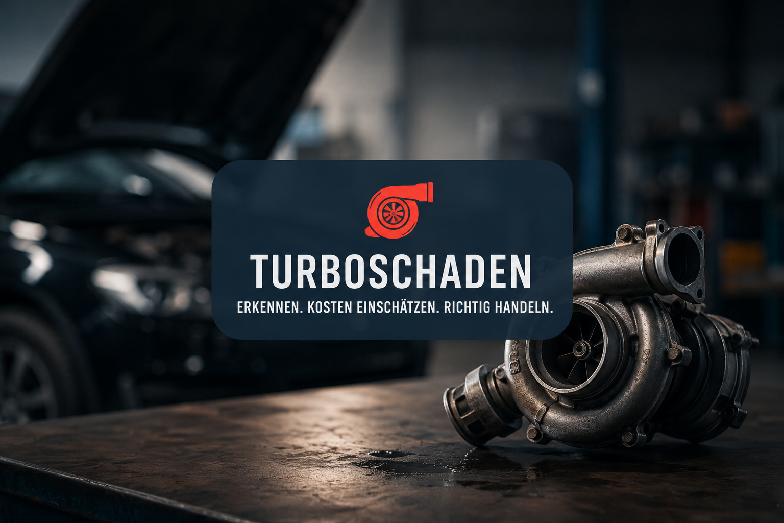 Defekter Turbolader auf einer Werkbank in einer Kfz-Werkstatt, im Hintergrund ein Fahrzeug mit geöffneter Motorhaube – Symbolbild für Turboschaden, Reparaturkosten und Fahrzeugverkauf bei Defekt.