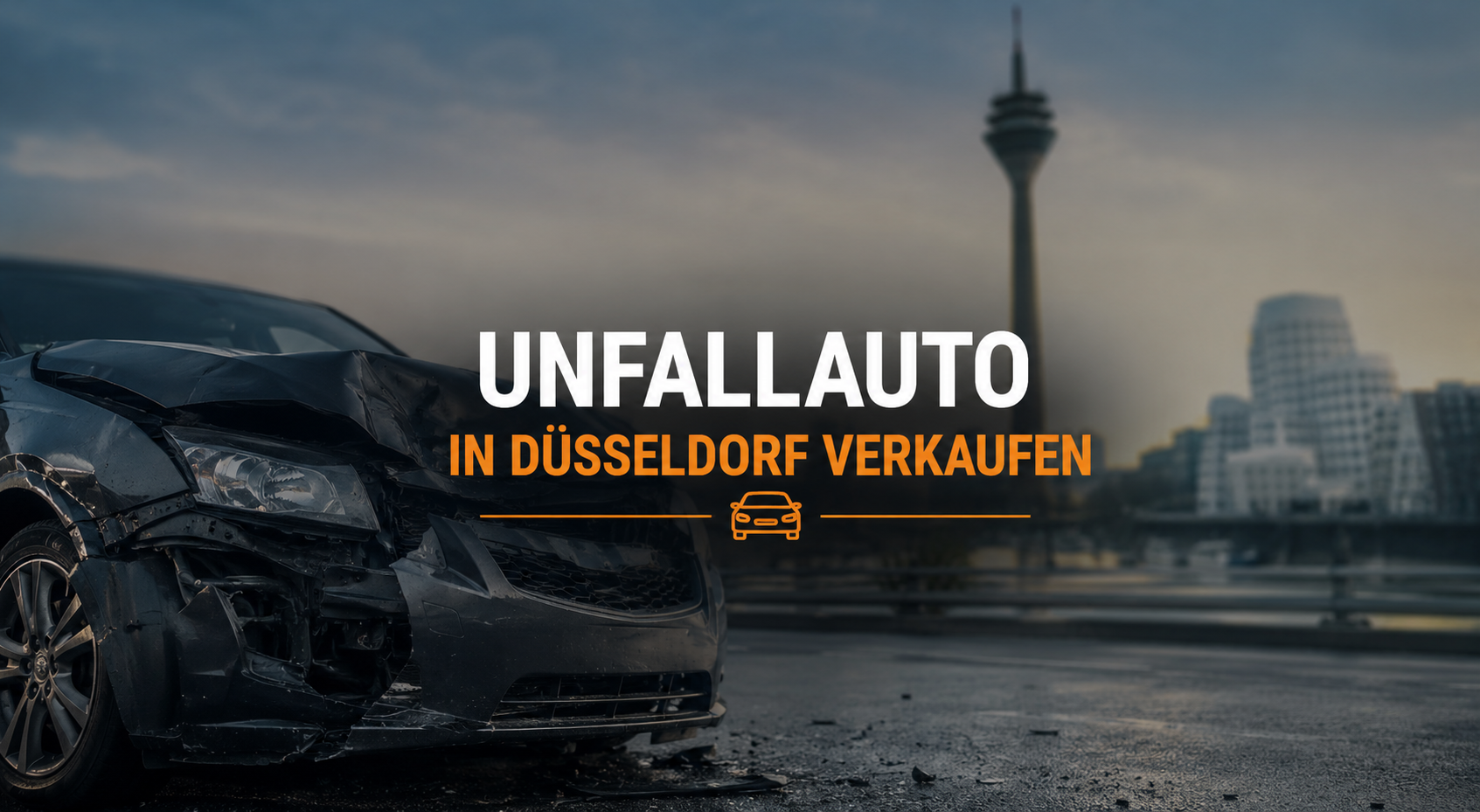 Beschädigtes Unfallauto vor Düsseldorfer Stadtkulisse mit Fernsehturm im Hintergrund. Symbolbild für den Verkauf eines Unfallwagens in Düsseldorf nach einem Verkehrsunfall.