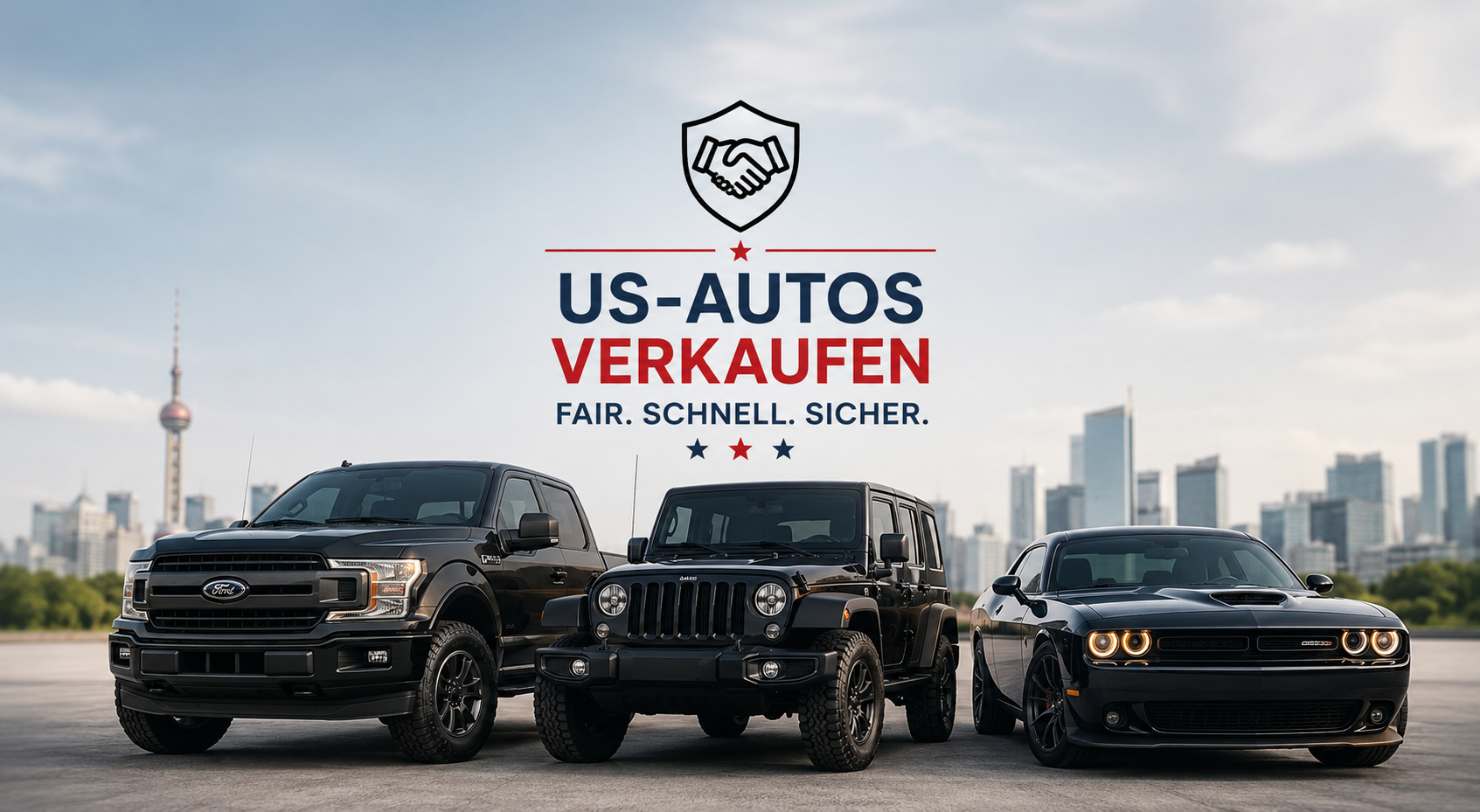 US-Autos verkaufen in Deutschland: Ford Pick-up, Jeep Wrangler und Dodge Muscle Car auf einem Parkplatz vor moderner Stadtkulisse. Symbolbild für den Ankauf von US-Importen und amerikanischen Fahrzeugen.