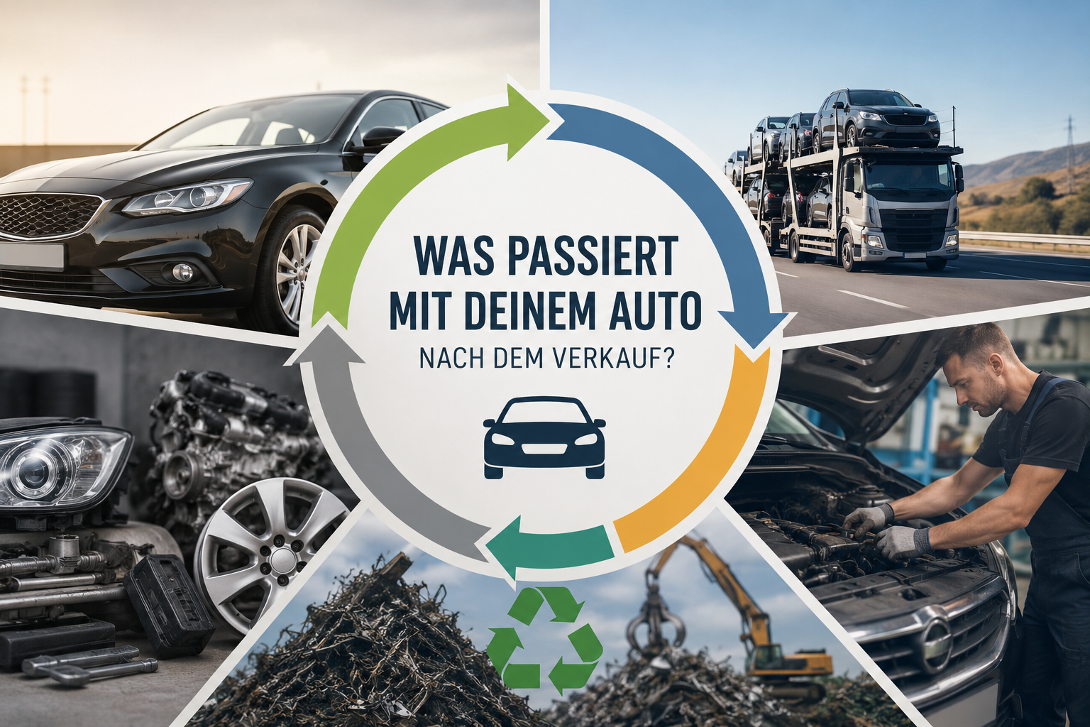 Illustration eines Autos nach dem Verkauf an einen Händler mit den möglichen Stationen Weiterverkauf, Export, Reparatur und Recycling. Passendes Titelbild für einen Ratgeber zum Fahrzeugverkauf.