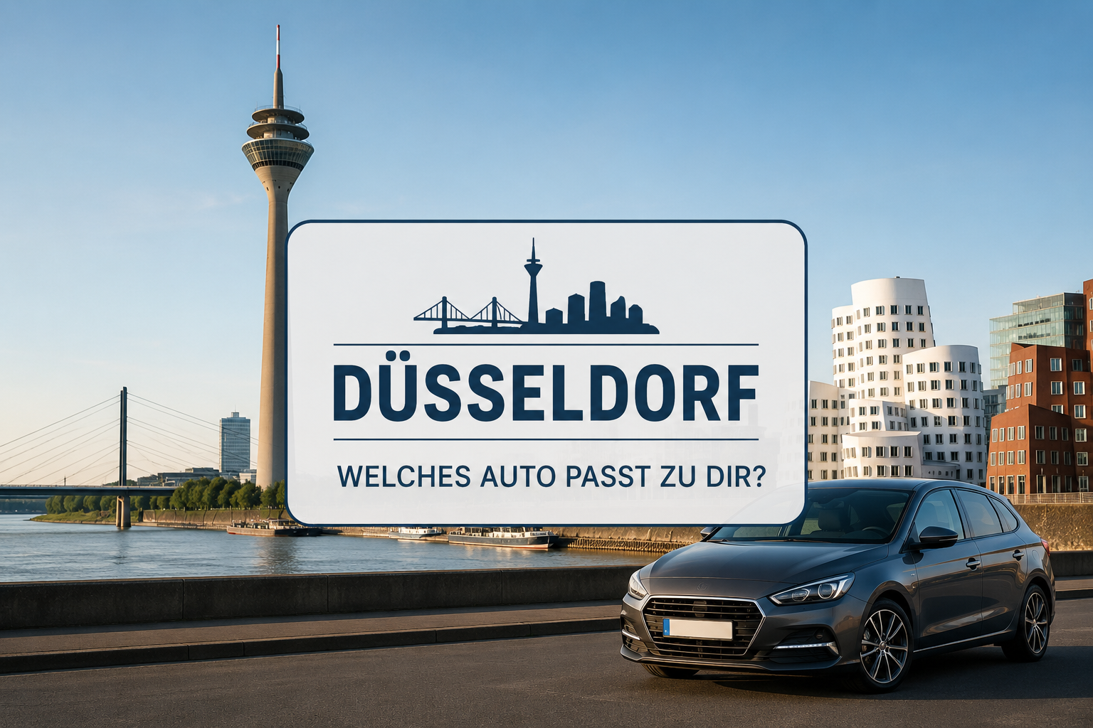 Modernes Kompaktfahrzeug am Düsseldorfer Rheinufer mit Rheinturm und MedienHafen im Hintergrund. Symbolbild für die Wahl des passenden Autos für Düsseldorf im Stadt-Check 2026.