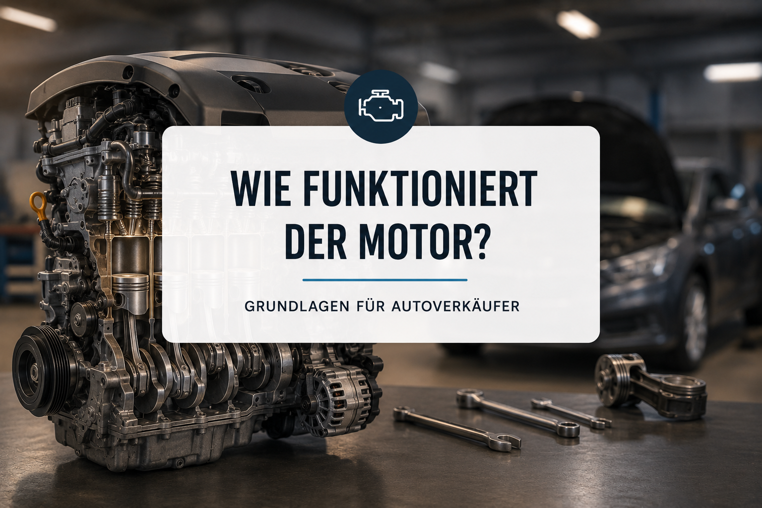 Detaillierte Darstellung eines modernen Verbrennungsmotors mit sichtbaren Kolben und Motorkomponenten in einer Werkstatt. Symbolbild zur Erklärung der Motorfunktion und technischer Grundlagen für Autoverkäufer.
