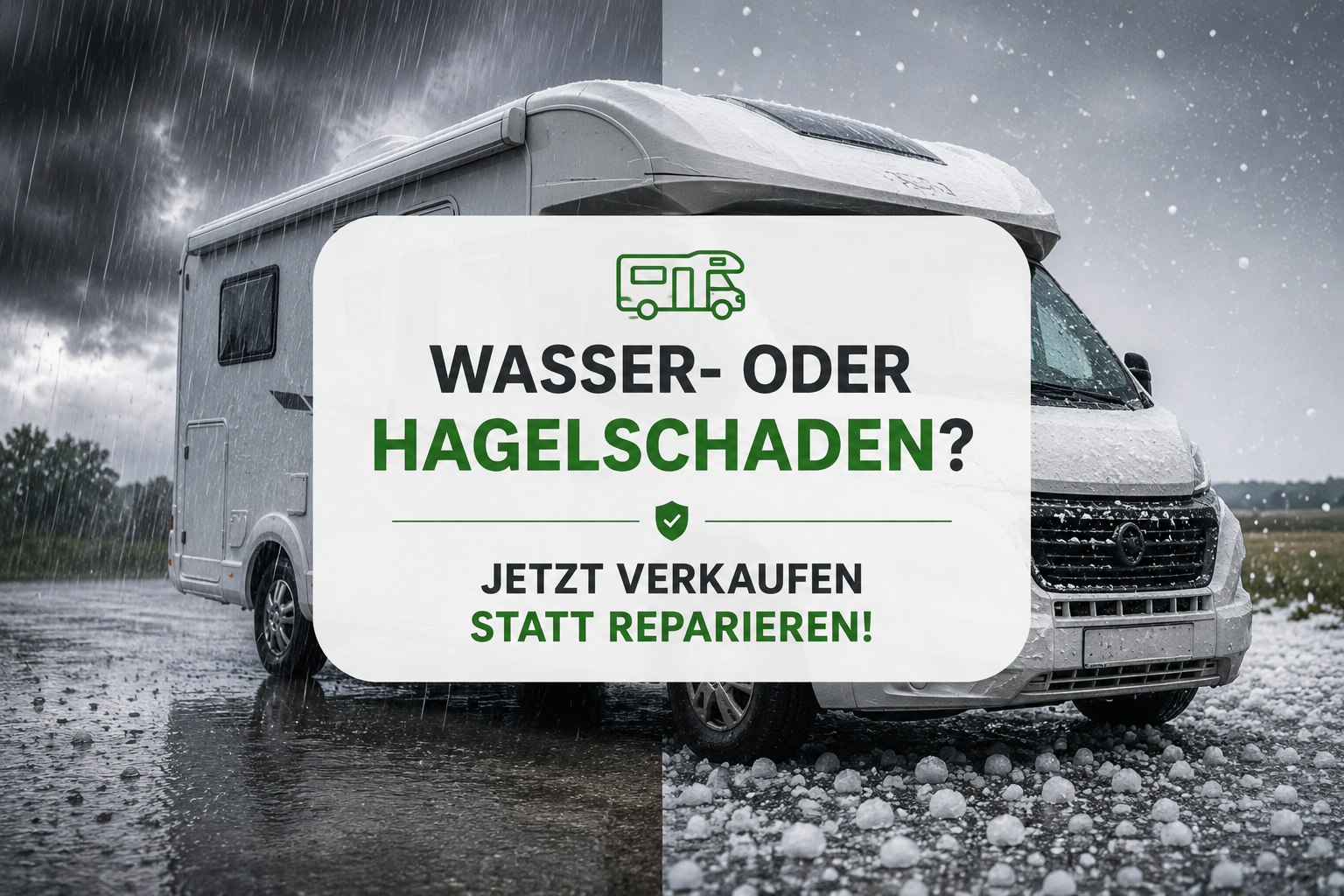 Wohnmobil mit Wasser- und Hagelschaden nach Unwetter. Ankauf beschädigter Wohnmobile statt teurer Reparatur.