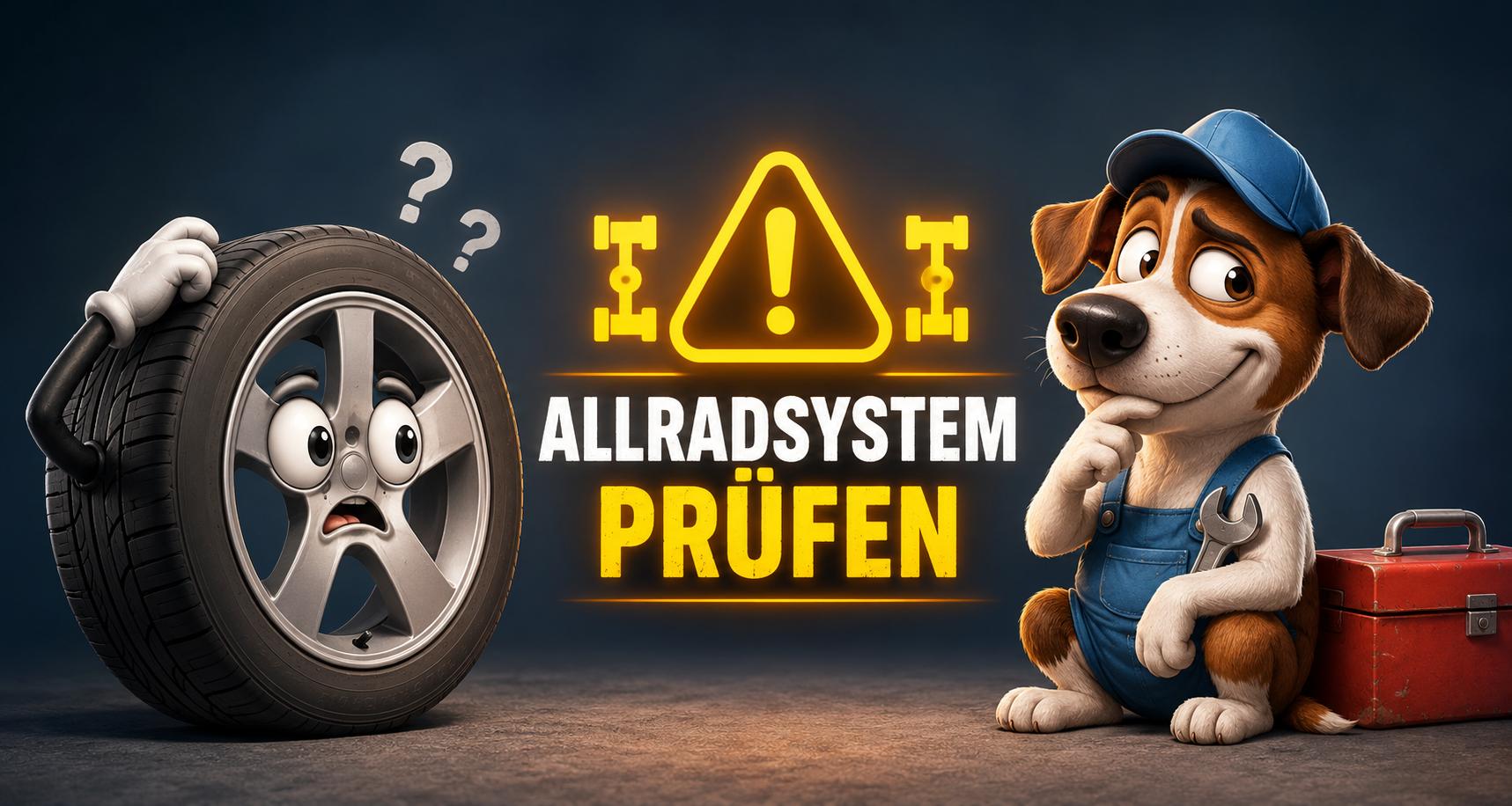 Humorvolle Illustration einer Allradsystem-Fehlermeldung mit Warnsymbol, ratlosem Autoreifen und Mechaniker - Ursachen und Tipps bei Störungen des Allradantriebs.