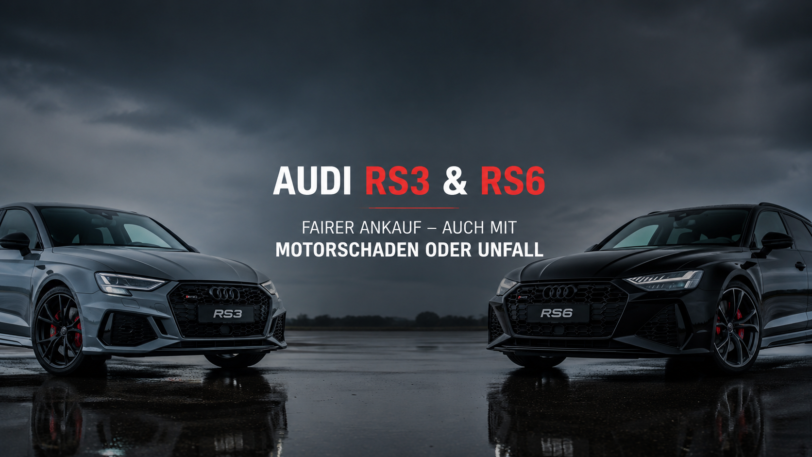 Audi RS3 und Audi RS6 für den Ankauf - Verkauf auch mit Motorschaden oder Unfallschaden, sportliche Fahrzeuge vor dunklem Hintergrund.