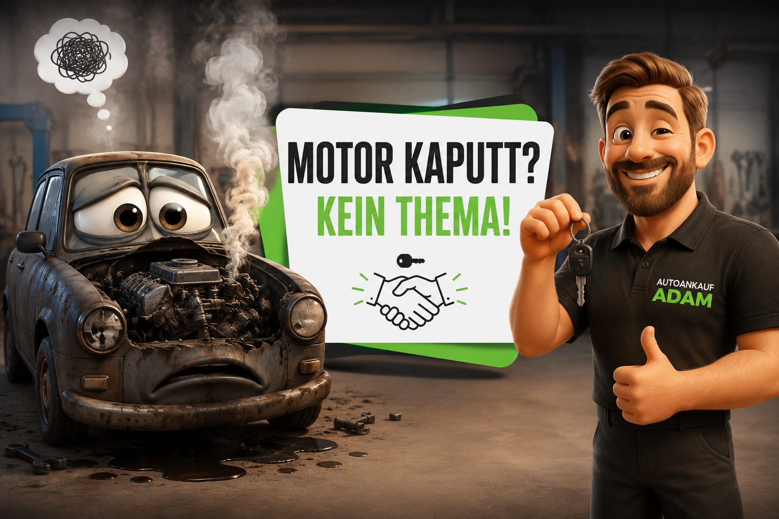 Humorvolle Illustration eines Autos mit Motorschaden und rauchendem Motor in einer Werkstatt. Daneben ein gut gelaunter Autoankäufer mit Autoschlüssel. Symbolbild für den Verkauf eines Autos mit Motorschaden in Bochum.