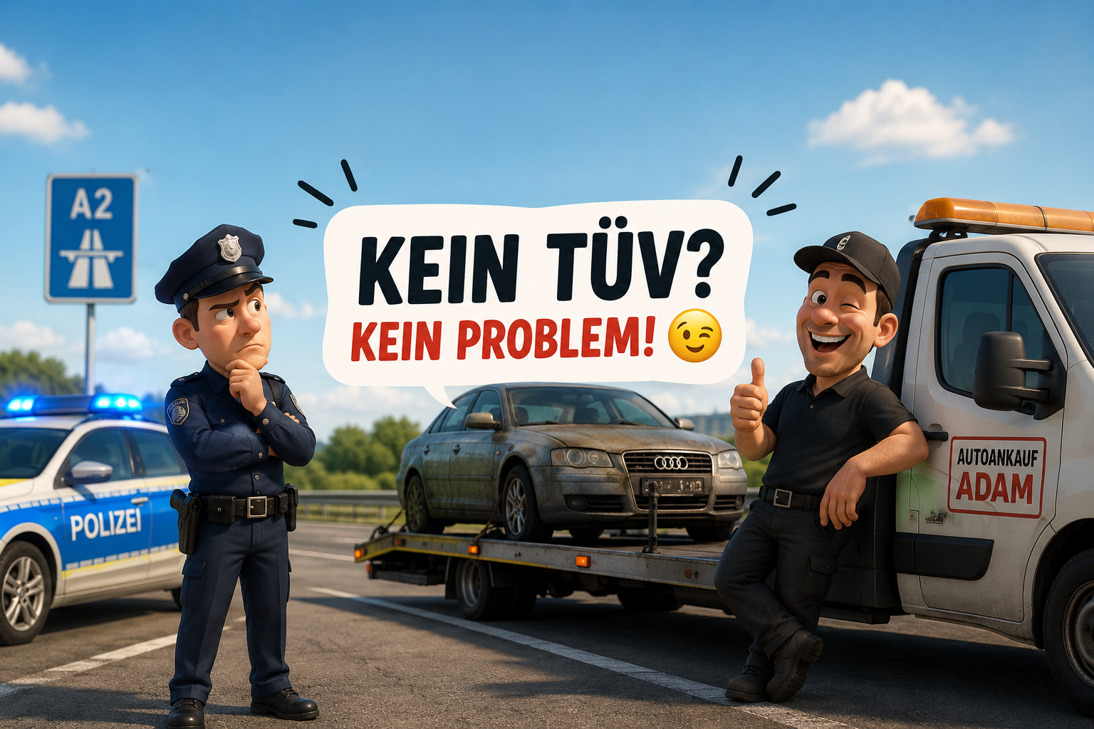 Humorvolle Illustration eines Autos ohne TÜV nach einer Polizeikontrolle auf der Autobahn. Ein Abschleppwagen von Autoankauf ADAM übernimmt das Fahrzeug, während der mittig platzierte Text „Kein TÜV? Kein Problem!“ auf die unkomplizierte Verkaufsmöglichkeit hinweist.