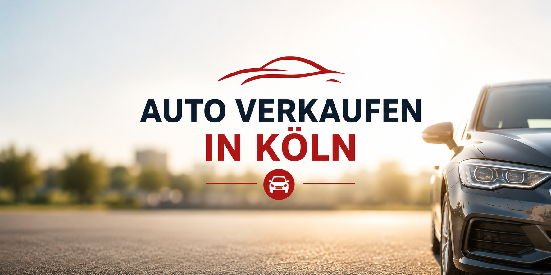 Modernes Auto vor neutralem, unscharfem Stadthintergrund mit dem Schriftzug ‚Auto verkaufen in Köln‘ – Symbolbild für einen Ratgeber zum sicheren Autoverkauf und Autoankauf in Köln.