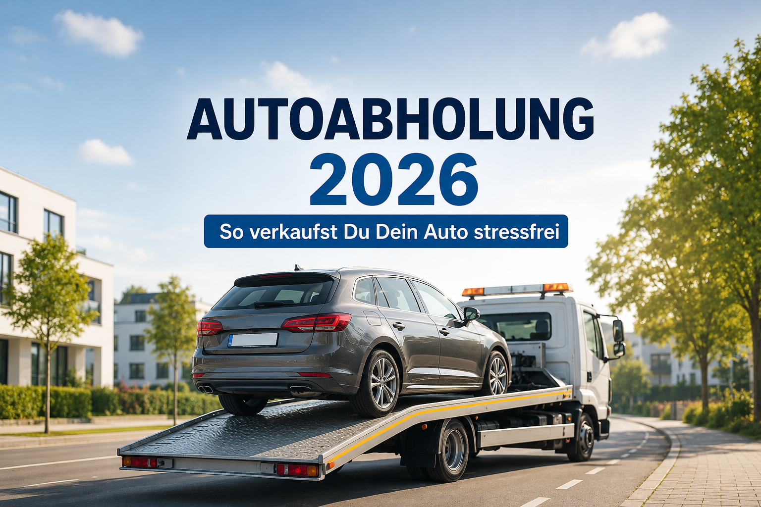 Abschleppwagen holt ein Auto zur kostenlosen Autoabholung in heller Wohnumgebung ab - Symbolbild für den stressfreien Autoverkauf 2026.