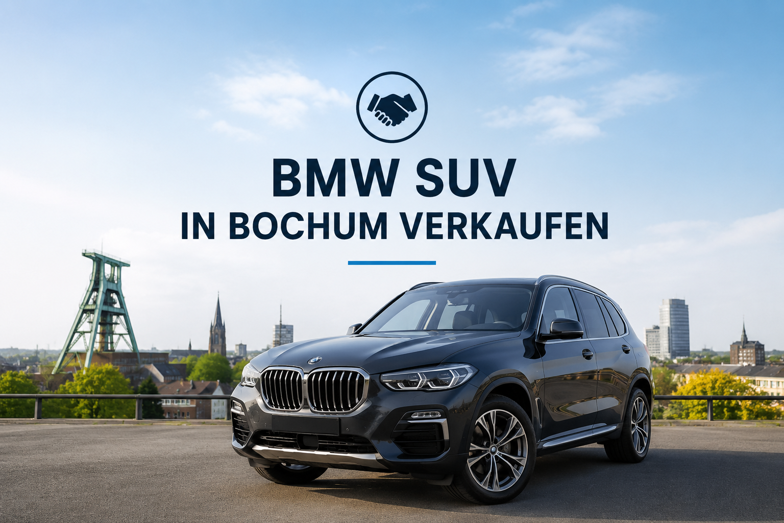 Dunkler BMW SUV vor der Bochumer Skyline - Symbolbild für den fairen und schnellen BMW SUV Ankauf in Bochum durch Autoankauf ADAM.