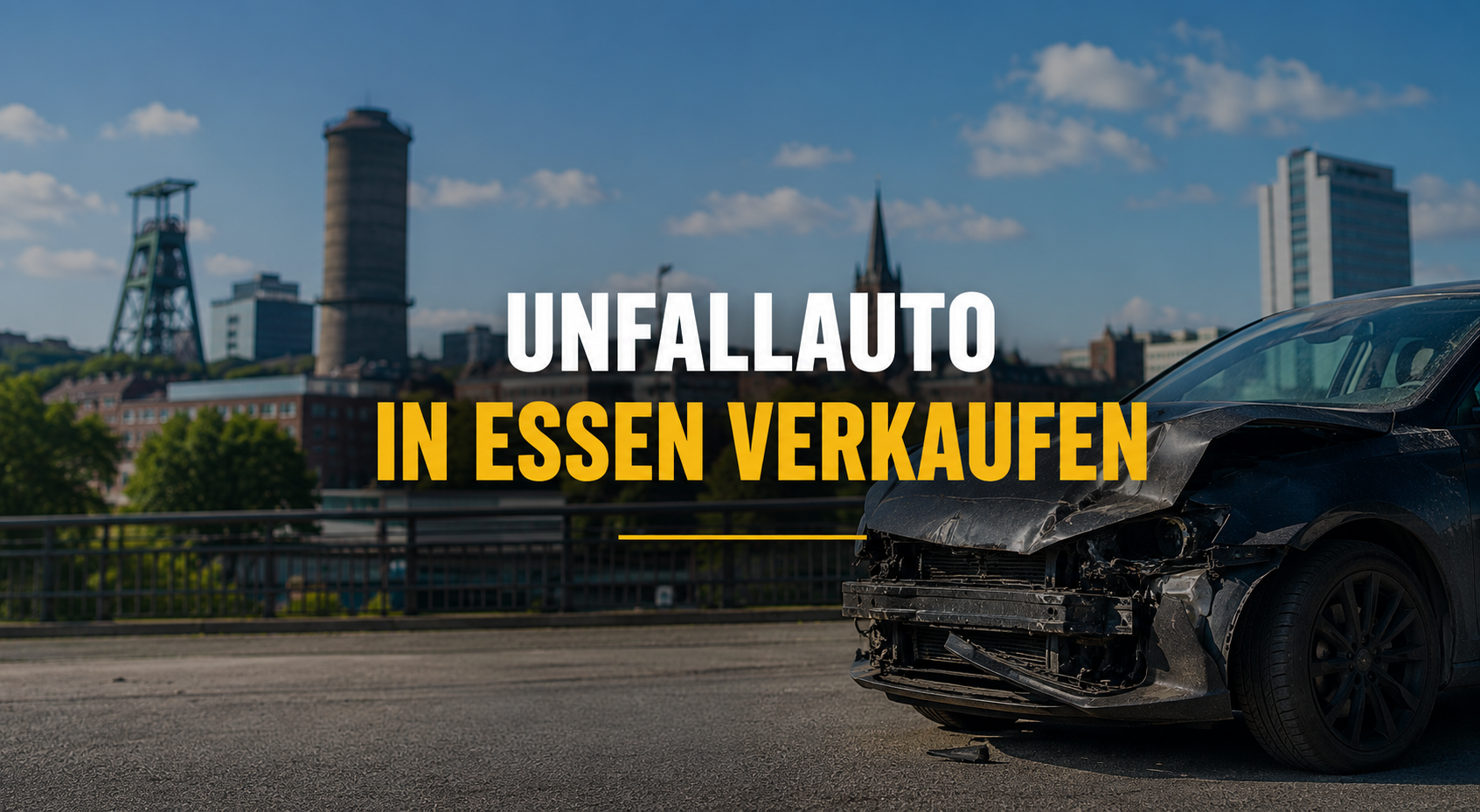 Beschädigtes Unfallauto vor Essener Stadtkulisse - Symbolbild für den schnellen und unkomplizierten Verkauf eines Unfallwagens in Essen an Autoankauf ADAM.