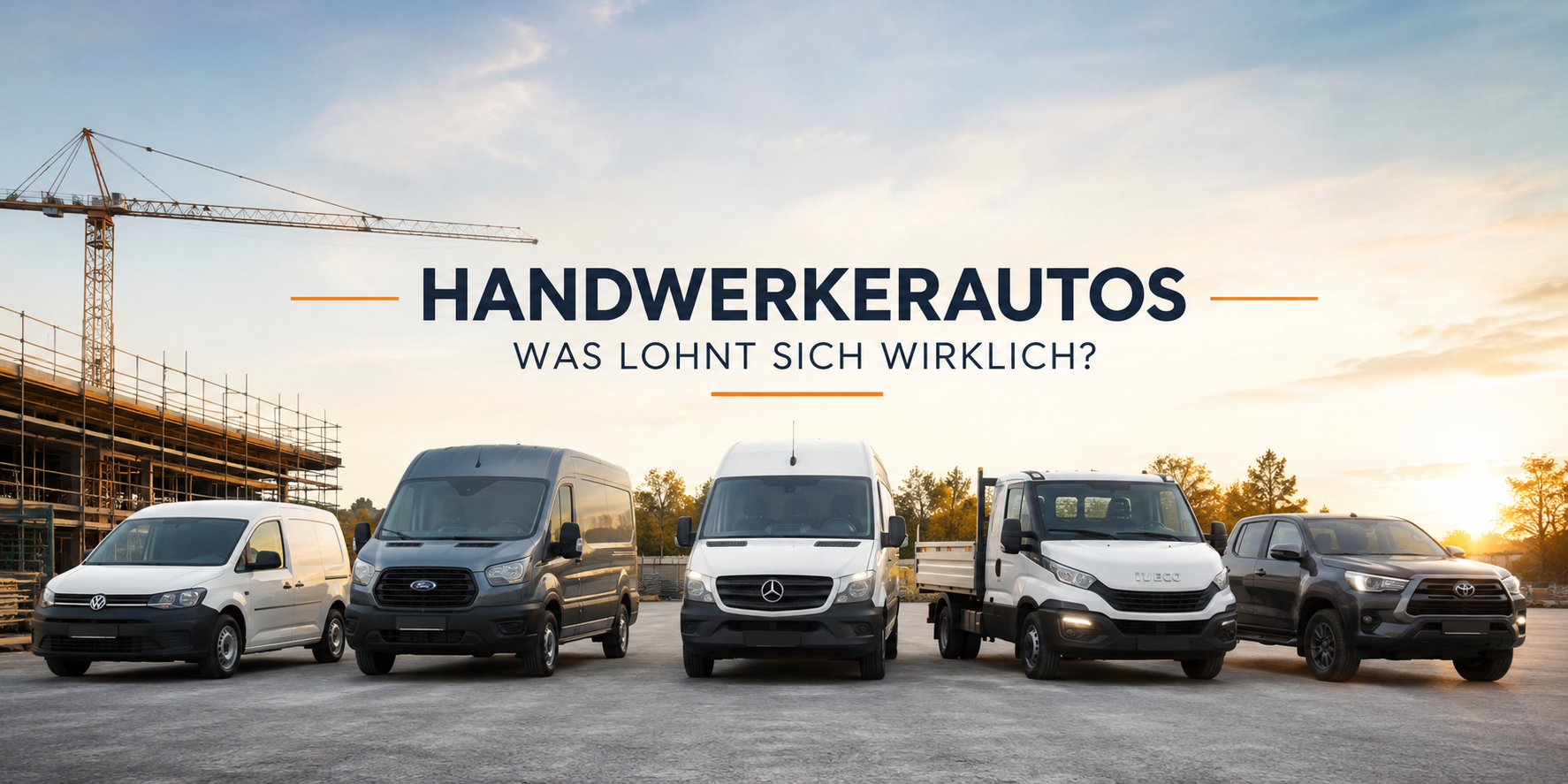 Handwerkerautos im Vergleich: Kastenwagen, Transporter und Pick-up vor einer Baustelle - Ratgeber von Autoankauf ADAM zu den passenden Fahrzeugen für Handwerksbetriebe.