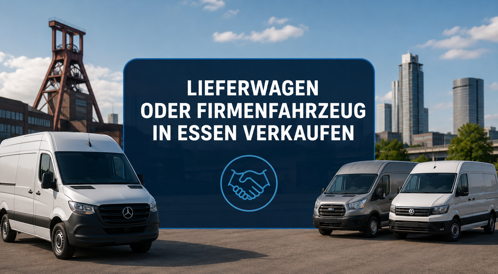 Mehrere Lieferwagen und Firmenfahrzeuge vor einer Essener Stadtkulisse - Autoankauf ADAM kauft Transporter und Nutzfahrzeuge in Essen schnell und unkompliziert an.