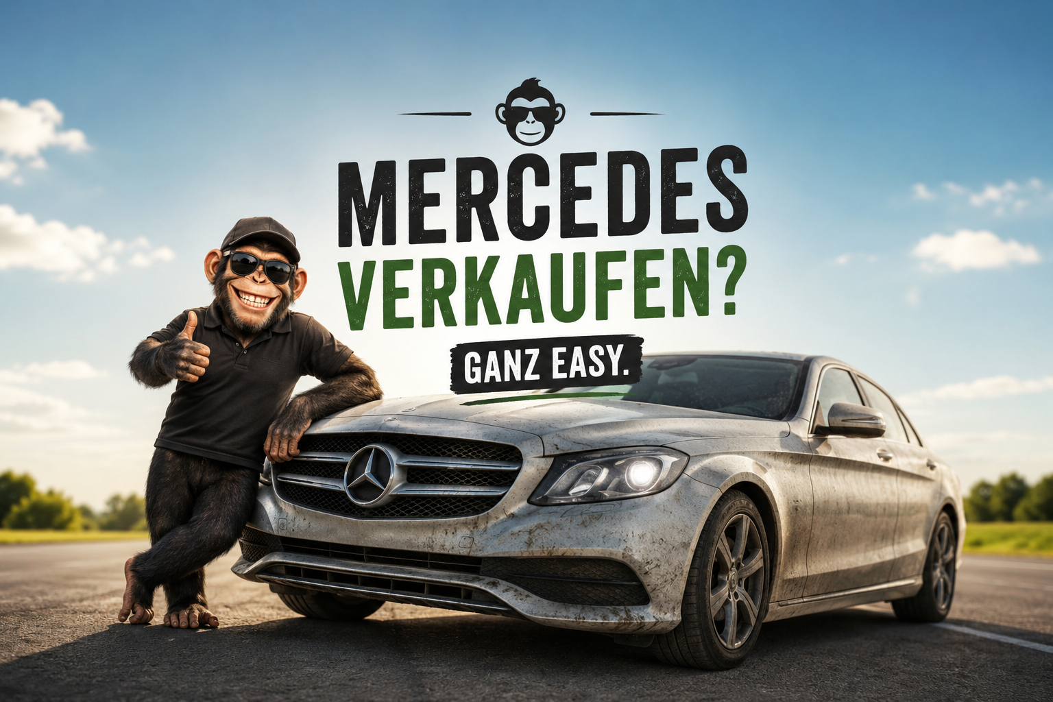 Humorvolle Illustration eines Mercedes mit einem gut gelaunten Affen im Sonnenbrillen-Look und dem Schriftzug „Mercedes verkaufen? Ganz easy.“ - symbolisch für den schnellen und unkomplizierten Fahrzeugverkauf bei Autoankauf ADAM.